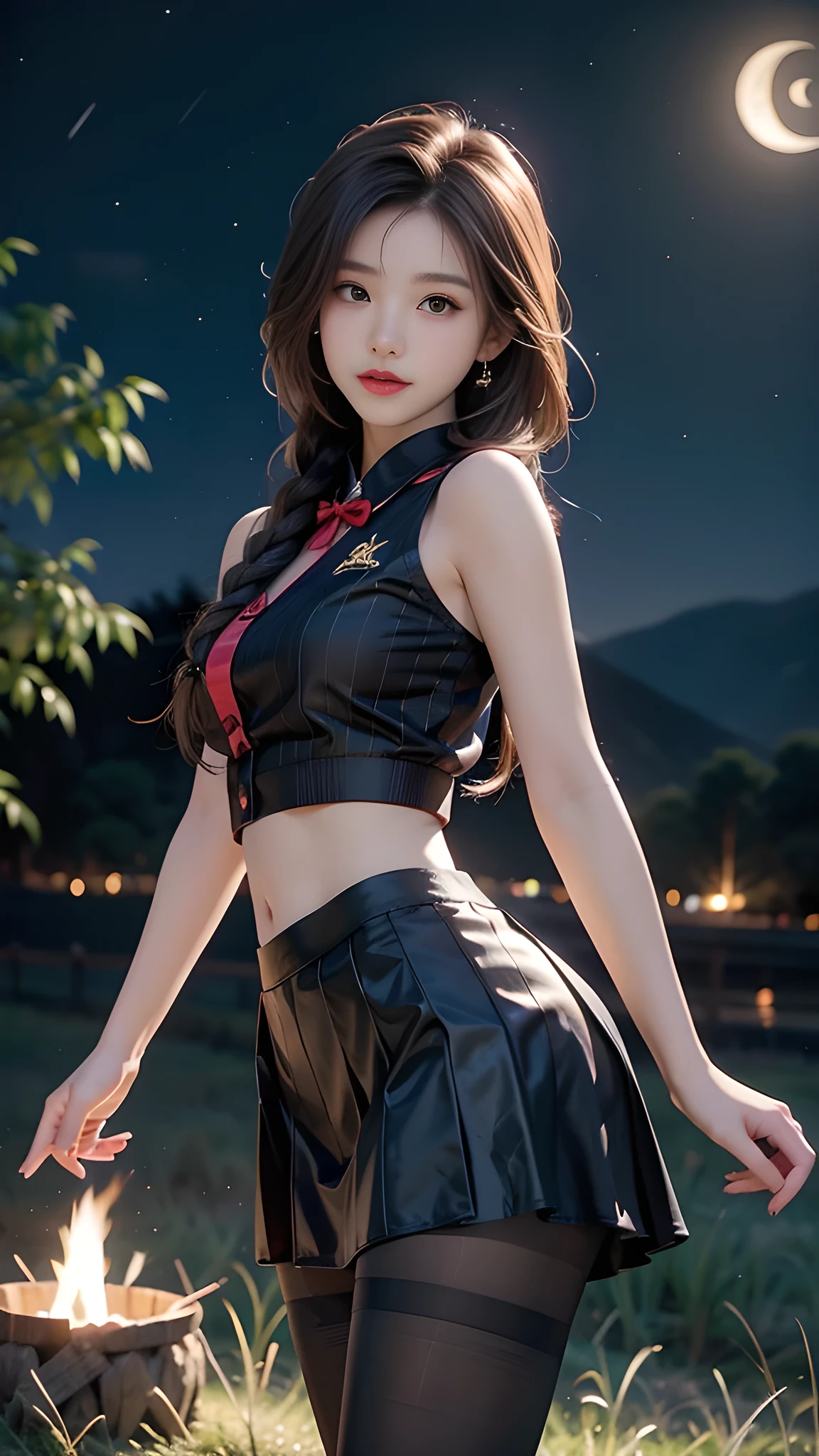 ulzzang-6500-v1.1, (RAW photo: 1.2), (Real photo), (Real photo: 1.4), 1 girl、Perfect anatomy、19 years old、Looking at the camera、Medium length hair、side braid, short uniform skirt, Dancing by the campfire on the green grassland at nigh, under the starry night sky, ((starry night: 1.1))、(Surreal tights: 1.2), (Business service)、Asian eyes Ella,