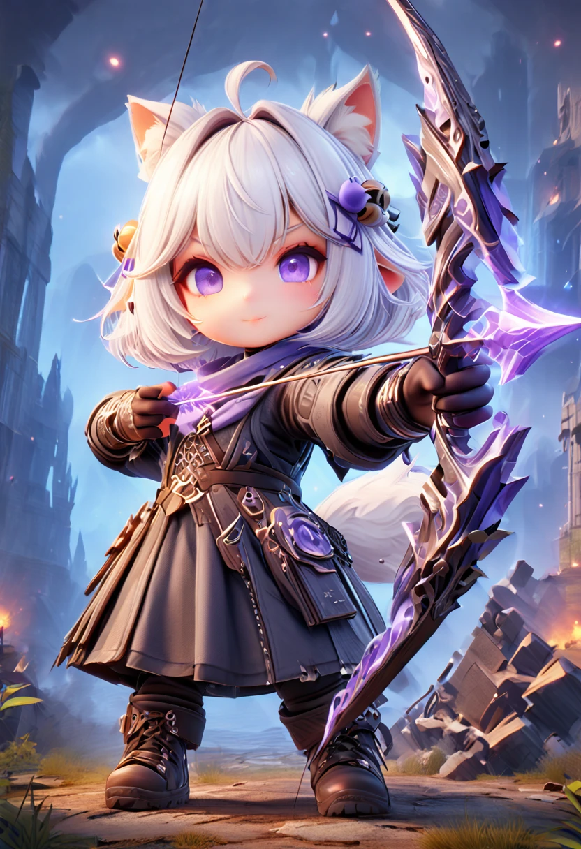master piece, best quality, ultra-detailed, illustration, midnight, battlefield, gloomy atmosphere, broken castle, broken walls, ruins, purple flames, purple lightning, 1girl, solo, chibi, (big head), cute pose, front view, looking at viewer, ((full body Close up)), chubby, fat, filian, filianoverall, Filiansailor, ((white hair)) , short hair, shoulder length hair, fly-away hair, bangs, (hairclip:1.5), (purple hair ornament:1.5), cat ears, (hair bell:1.3) ahoge, purple eyes, closed mouth, smiling, (white fox tail), (black tattered robe), long gown, black arm sleeves, (black gloves) , holding a bow, long bow, purple bow, aiming an arrow, black stockings, black boots