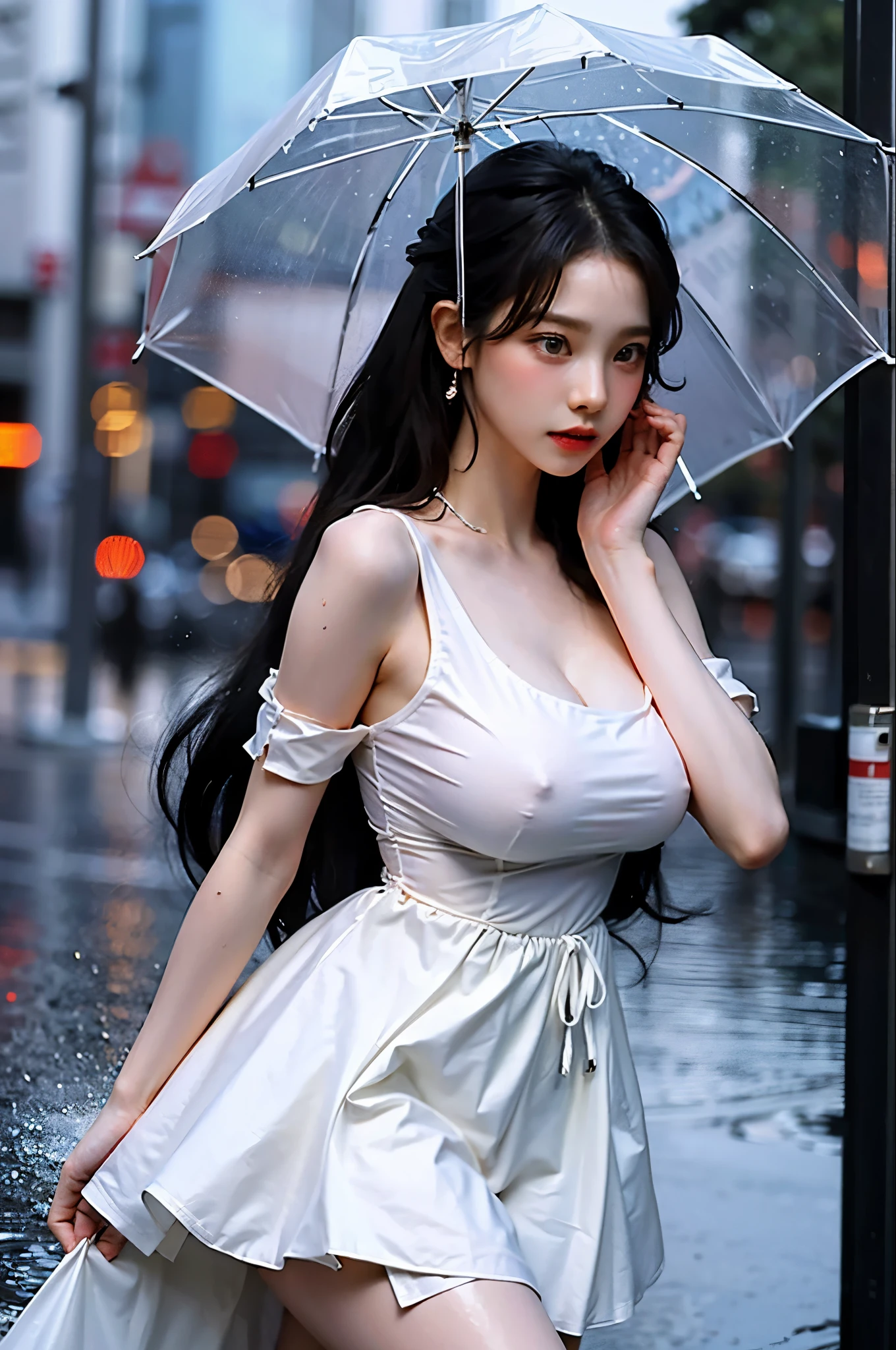 (masterpiece, top quality, 8k, best quality, official art, beautiful and aesthetic:1.2),It's raining, very detailed,(fancy:1.2), Splendid City, heavy rain(,huge breasts:1.4),ponytail, laugh, Karina's appearance, Wet body, rainy weather, The weather is cloudy., White dress that shows skin