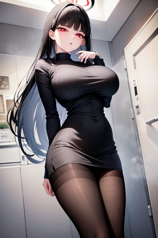 Big Breasts、Black Hair、Vertical knitwear、Black Pantyhose、Red Eye、Long, slender legs、High resolution、masterpiece、Highest quality、High-resolution model