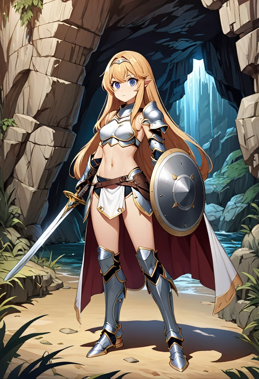 1woman, solo, long hair, big eyes, bikinia armour, bare stomach, bare navel, bare thgihs, knee armour, legs armour, round shield, sword, cave background, 