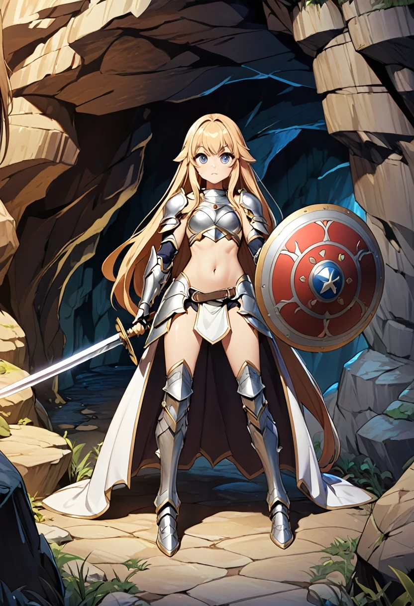 1woman, solo, long hair, big eyes, bikinia armour, bare stomach, bare navel, bare thgihs, knee armour, legs armour, round shield, sword, cave background, 