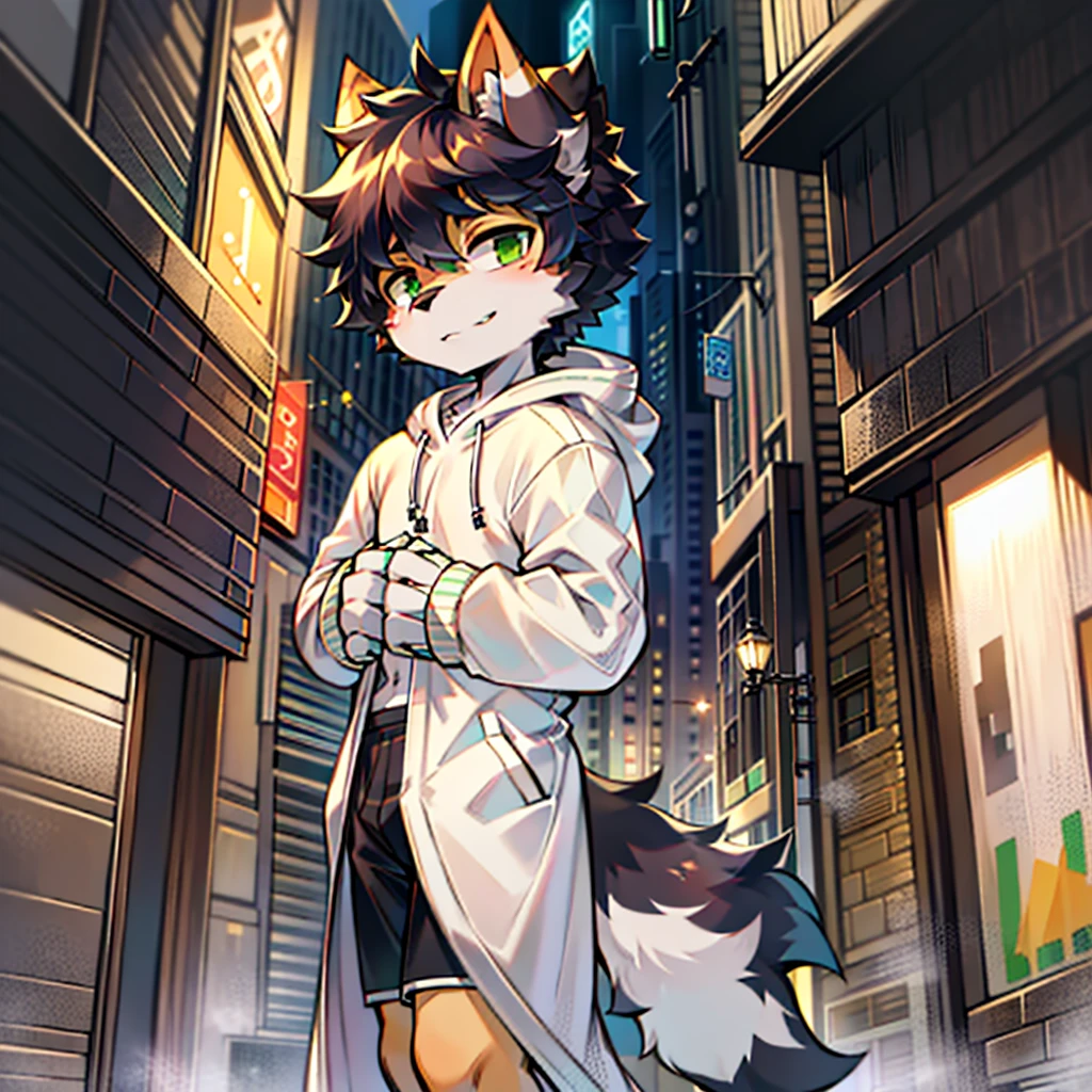 Teenage uncensored， Short gray hair， hor ears， lowerbody， downtown area， hairy pubic， coyote， Big fluffy tail， tmasterpiece， High-quality portraits， human - shaped， Lonely youth style， lewd poses， full-shot， Wolf type， White hoodies， Black  shorts， Super handsome face， Handsome， White fox， White ears， Wolf type， The barefoot，Black hair，There are green sideburns on the hair，white chest fur，Black fur，Green paws，greene eyes，There is a green angular pattern around the eyes，The height is about one meter six seven，，junior school student，ember，Black whites of the eyes，dark circles，Hand pockets