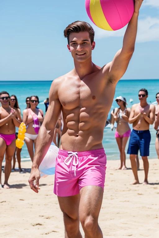 young, beautiful, elegant, white, skinny, elegant shirtless face standing, ,Shirtless man wearing pink swim trunks at the beach holding a beach ball in his hand under his armpit while a large crowd applauds him and celebrates with bubble guns around him during a male fashion show.