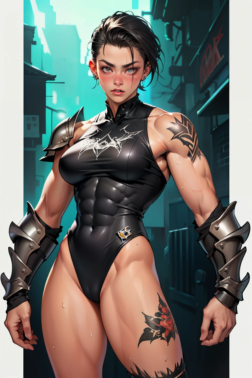(high resolution, pixel perfect, gorgeous illustrations), (hyper quality, muste piece, etheric: 1.4), (((cowboy shot))), face focus, ((1girl)), (((Androgynous, boyish))), (((18 years old))), (((((punk))))), hot Rocker punk girl, ((((open stance)))), cool atmosphere, black hair, ((((very_short_hair, slicked_back_hair)))), ((((piercing)))), eyelid_piercing, nose_piercing, (((Exquisite face))), blush, tattoo, (((((((muscular_female))))))), (thick thighs, wide hips, Big breasts that are about to burst), fighter, ((((very hairy)))), chinese armor, (((naked_armor))), ((highleg_leotard_armor)), (((cameltoe))), sweat, shiny skin, gleaming skin, simple background,