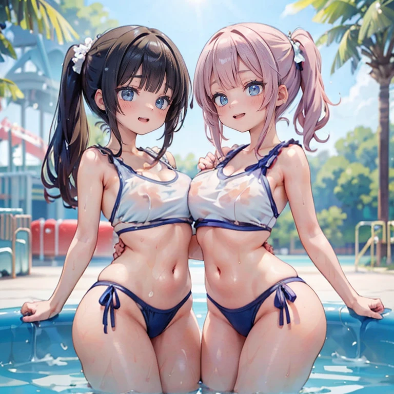 Anime Kawaii sexy Perfect Slim sensual body large breast and huge thighs, An intricate and highly detailed illustration of anime (Young girl).Highest quality、High resolution、Detailed Background、Realistic、(Beautiful face in every detail:1.4)、Anatomically correct、(Normal number of fingers:1.2)、Detailed facial expressions、Detailed eyes、age beauty、Highly detailed face、Huge breasts、Perfect body line、Light color hair、ponytail、Twin tails、White school swimsuit made of see-through material、Wet and transparent、Accentuate your cleavage、My whole body is wet、Blushing、A big smile、Poolside、
(Two beautiful girls having fun at a water park:1.5)、cute
