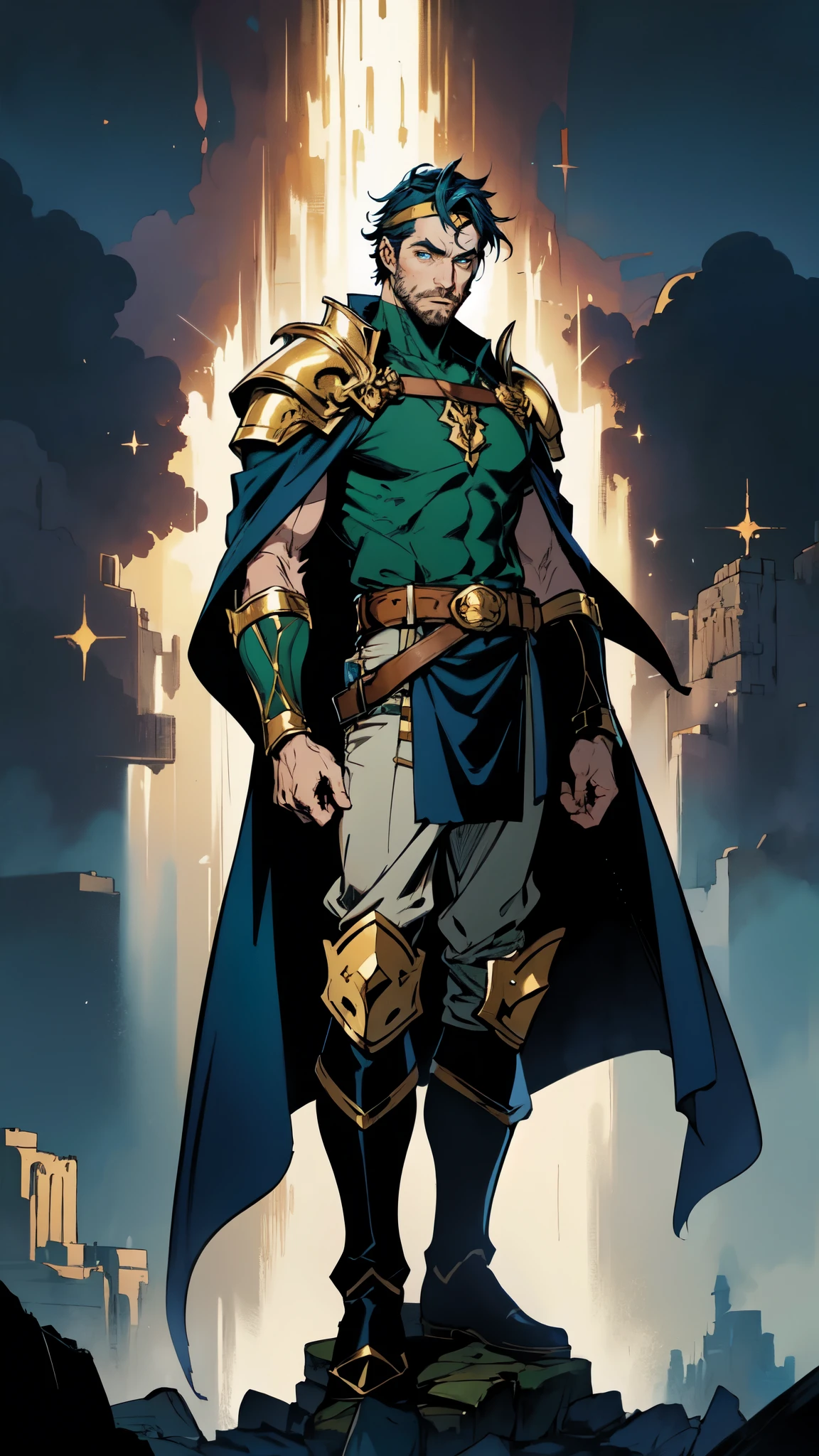 (masterpiece:1.2, best quality:1.2, extremely delicate:1.2), ((male:1.5)), a middle-aged man with short dark blue hair, a green headband tied around his forehead, sharp eyes, a heroic face, long sideburns, a long beard on his chin, a confident expression, a tall and muscular build, a fantasy-realist style short-sleeved coat, with a white and green form-fitting chest armor underneath, a flowing cape hangs from his right shoulder, heavy iron wrist guards, his belt is connected to small skirt armor plates, coarse cloth trousers, long boots that include shin guards, stands like a guardian in front of a city gate, this character embodies a finely crafted fantasy-realist style warrior in anime style, exquisite and mature manga art style, dramatic, high definition, highres, ultra-detailed, ultra-fine painting, professional, perfect body proportions, golden ratio, anatomically correct, symmetrical face, extremely detailed eyes and face, high quality eyes, creativity, RAW photo, UHD, 32k, Natural light, cinematic lighting, (masterpiece-anatomy-perfect:1.2)