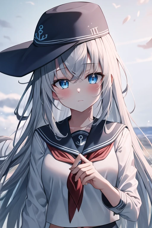 (masterpiece), highly detailed, best quality, (high resolution), 8k, 1girl, solo, long_hair, blue_eyes, blush, hair_between_eyes, serafuku, grey_hair, hat, white_hair, anchor_symbol,