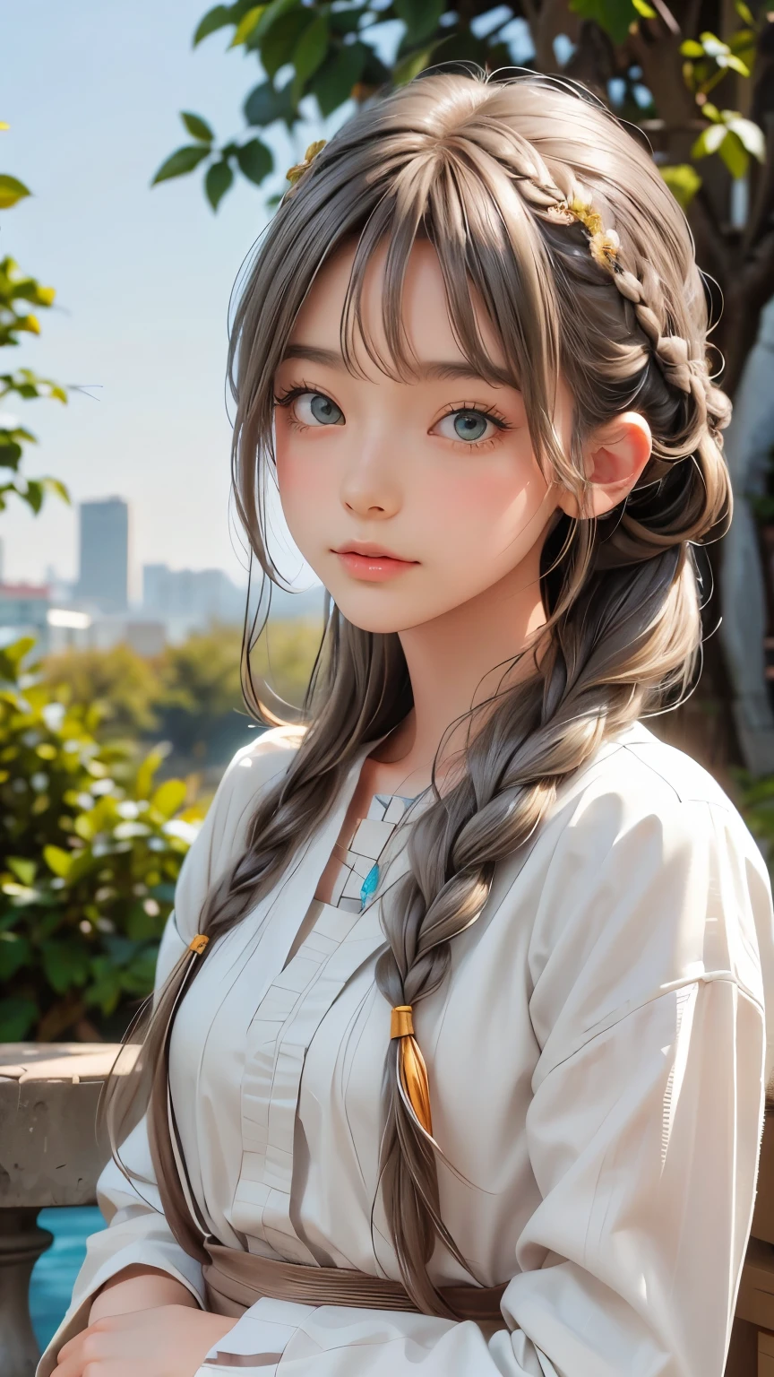 Highest quality, masterpiece,blondie Hair with cat ears, green Eyes,old green clothes, look up, Upper Body,hair,Fair skin,Side braid