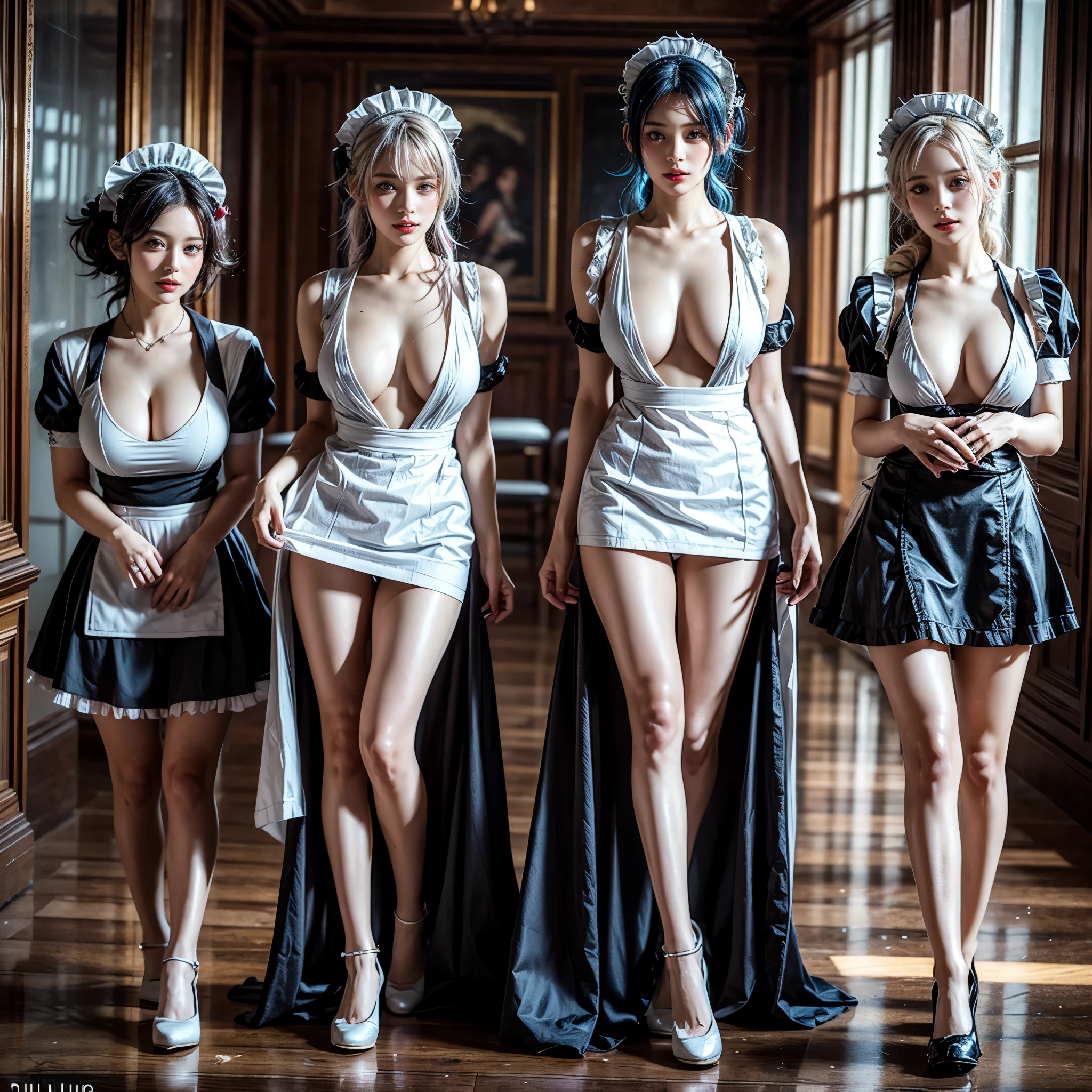 (Full Body of Extremely Detailed((Sexy Maid Group in a row:1.37))), KAWAII perfect face, Reflective Eyes, Detailed(Delicate Clothing textures), Correct Attractive Leg Line, Dynamic Joyful Expressions LifeLike Rendering, Specular Reflection, TopQuality 8K Ultra-detailed masterpiece (ProfessionalPhoto:1.37), (Acutance:0.8), (Luminism:1.28), (Renaissance art style), Colorful Light particles, ((Full body from side)), {Kissing|Thigh Gap|Roundly Cute AssFocus|(NakedApron with Overflowing SideBoob)}, Radiant Fine Skin with Transparency, (Exposed:0.4), {Pink Hair|LightBlue Hair|Platinum Blonde|Pure White Hair|Liquid Hair}, Perfect Lighting 