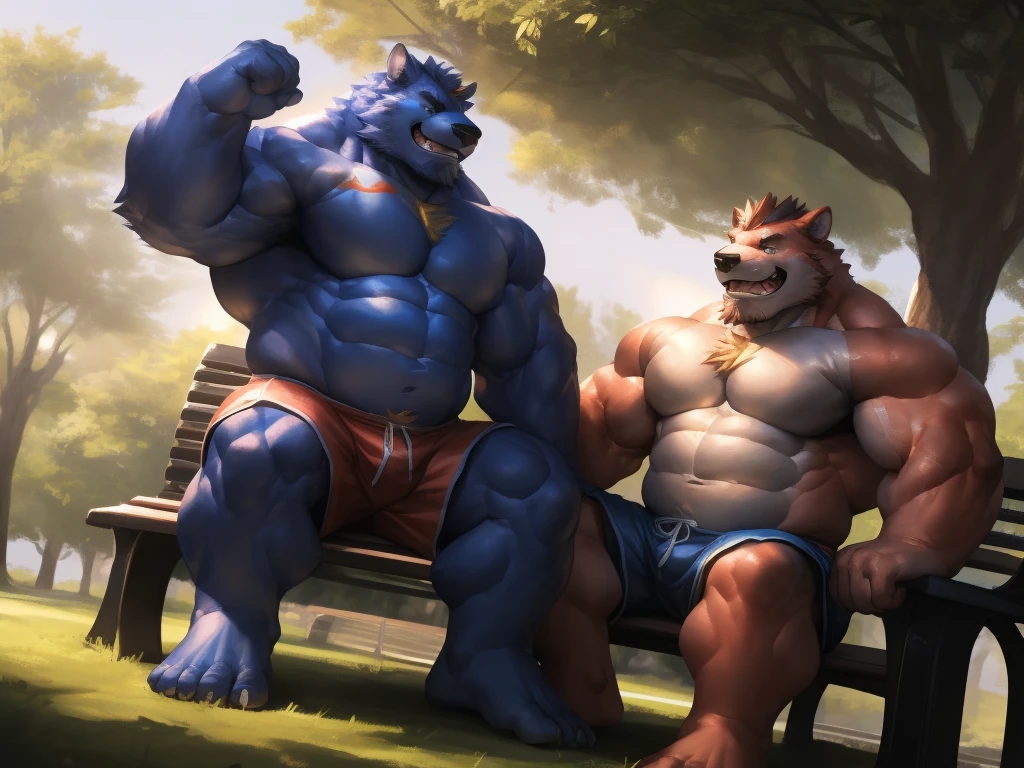 2man, 2boys, duo, two huge muscular furry sitting together, sitting in bench, smile, park, male focus, muscular, shorts, shirtless, (4k,high quality,high resolution,masterpiece),cartoon,by lindong,(extremely detailed face and body,hyperrealistic rendering,dynamic poses,cinematic lighting,vibrant colors)