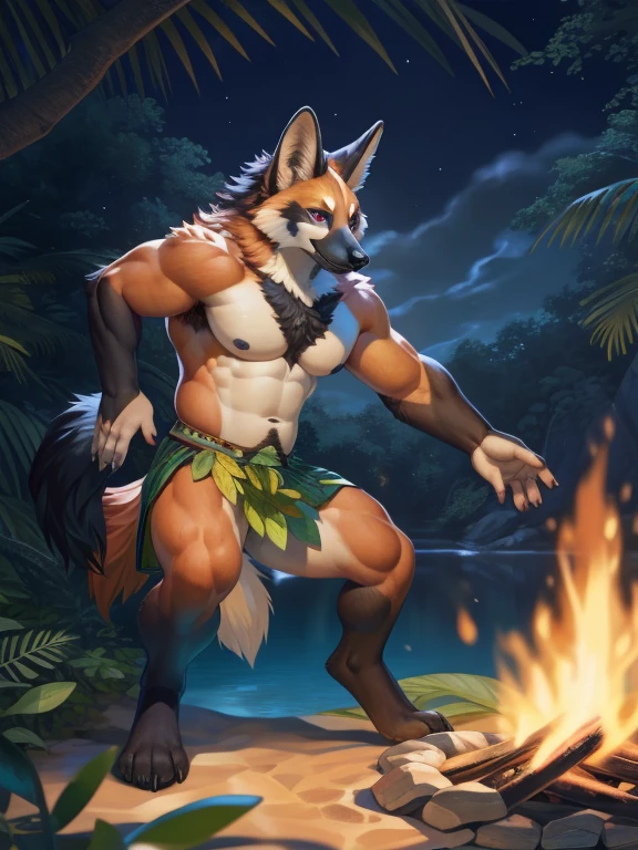 anthro, furry, furry male, maned wolf,((short fur,furry, smooth fur)), (maned wolf black print, black forelegs and forearms and muzzle, cream belly), black pupils, ginger body, black fur, purple eyes, tail, tail, detailed fur, detailed face, detailed eyes, bare chest, (leaf skirt), outside, Brazilian jungle, (by null-ghost,by raccoon21, masterpiece, high quality, hi-res, 8k, HD, dark lighting, shadows, dark, half light), dancing, campfire, far-view portrait, night, arrogant, seductive, swimmer build maned wolf man, long and thin arms and legs, black nipples, pierced nipples, mid 20s, happy trail, armpit hair