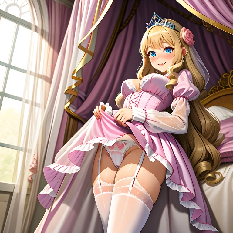 nsfw, best quality, masterpiece, super fine illustration, high quality illustrations, beautiful artwork, detailed skin, detailed face, detailed eyes, 1girl, solo, skinny, princess, (slut: 1.5), skirt lifted, white panties, , blunt bangs, blonde hair, blue eyes, blush, curly hair, wavy hair, long hair, silver tiara, very long hair, smile, white garter belt, white garter straps, indoors, princess dress, juliet sleeves, long sleeves, from below, looking at viewer, puffy long sleeves, puffy sleeves, see-through, skirt, white thigh highs, window, canopy bed, curtains, open clothes, fellatio, 1penis, deep throat,