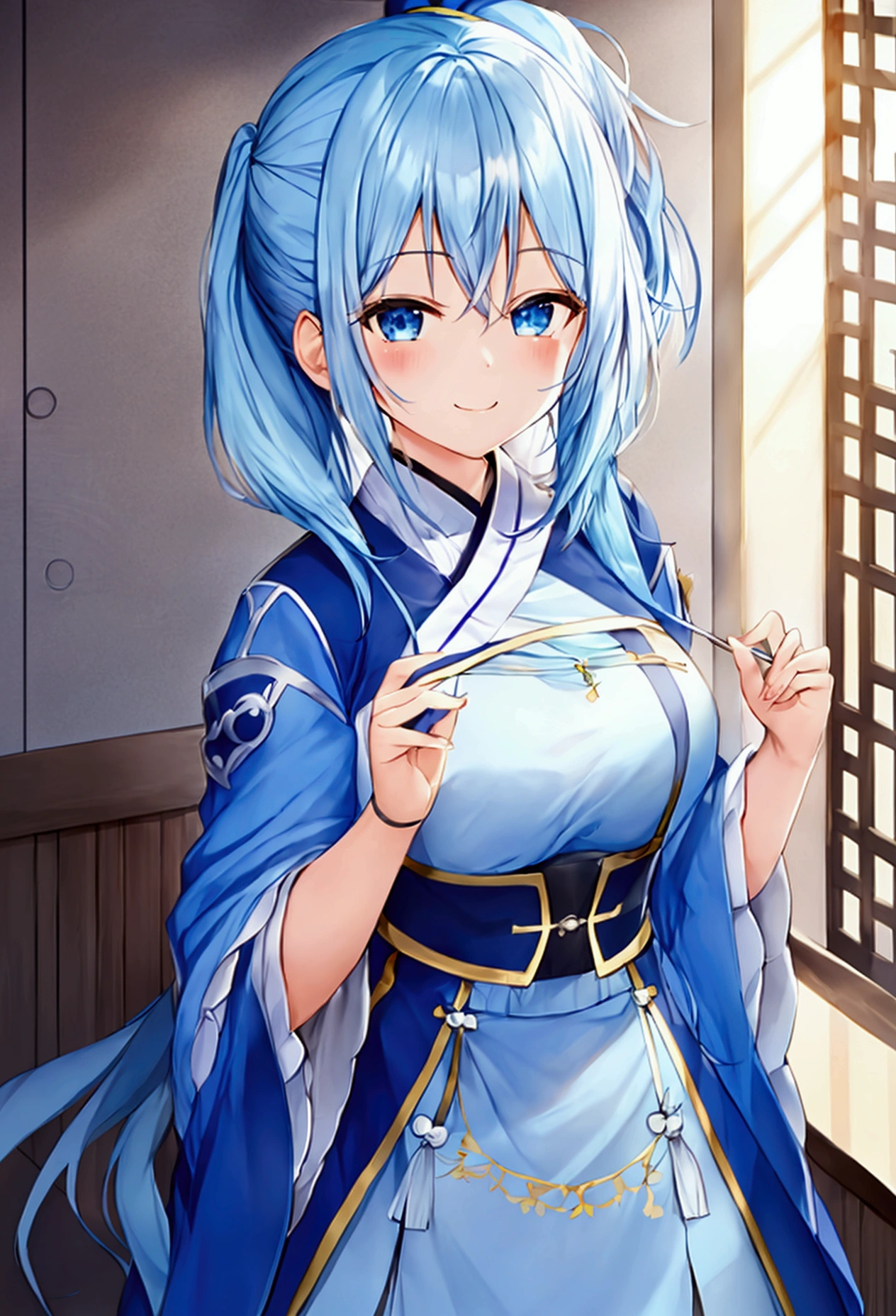 (masterpiece:1.3), (best quality:1.3), high resolution, 


couboy shot, 
leaning forward, body facing forward, 

(one cute girl:1.3), solo, 
white skin, small Breast, eight-headed person, 
ponytail, light blue hair, (short hair:1.2), (blunt bangs:1.2), beautiful hair, blue eyes, beautiful detailed eyes, 

blush, open mouth, heart, cheerful smile, 

japanese clothes, kimono, earrings, 

indoors, natural park, swimming pool, 

shadowlighting,