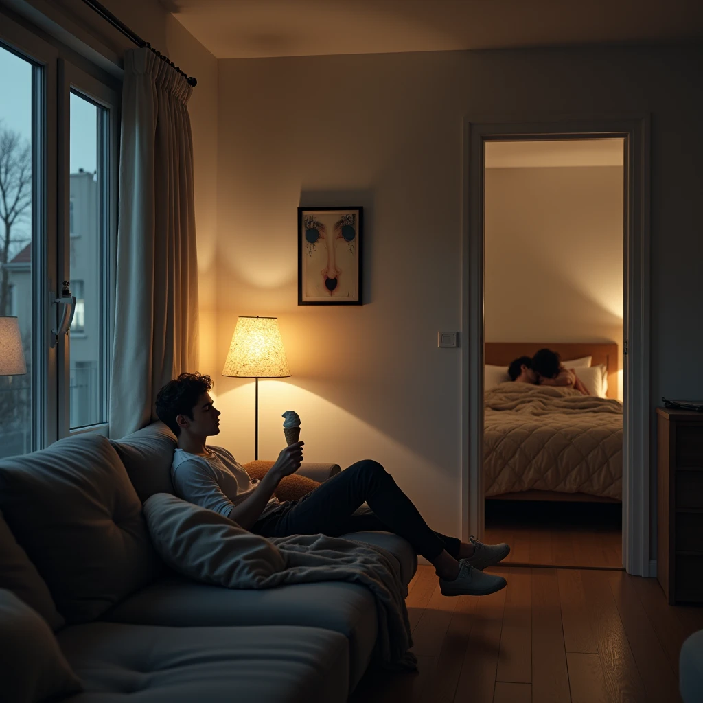 Two apartments from a prefab building right next to each other. In one apartment, a young German man in his living room, sitting alone on the couch with an ice cream in his hand, longing for peace and quiet. In the other apartment, two people in the bedroom under a blanket, no heads. Hyper-detailed realistic, 8k, realistic person and style