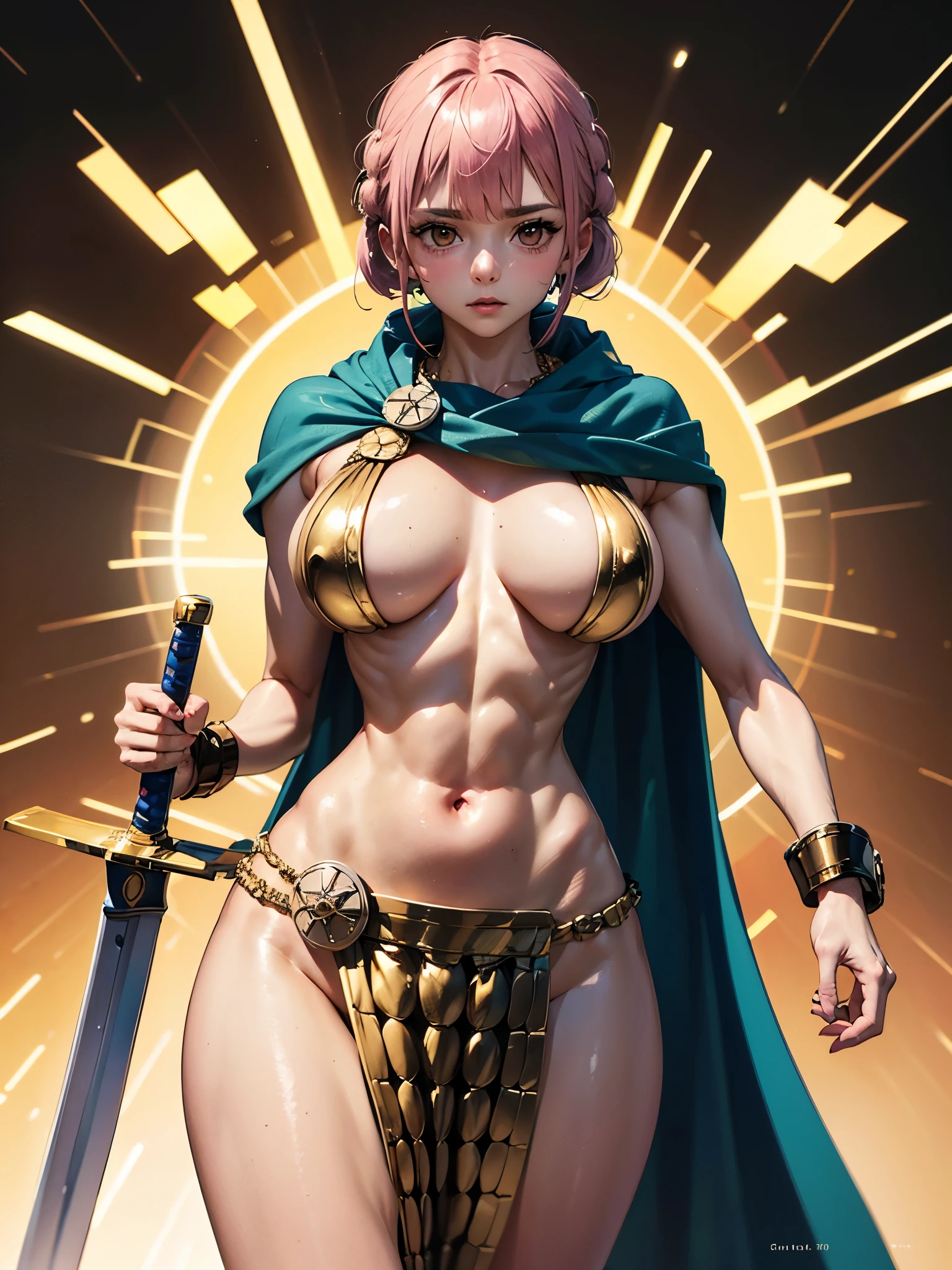 A warrior girl, with sword and shield, pink fur, has a. blue cape, small waist, huge hips, big breasts, golden accessories cover her torso, golden loincloths, superdetailed anime art, (masterpiece), 8k high definition 