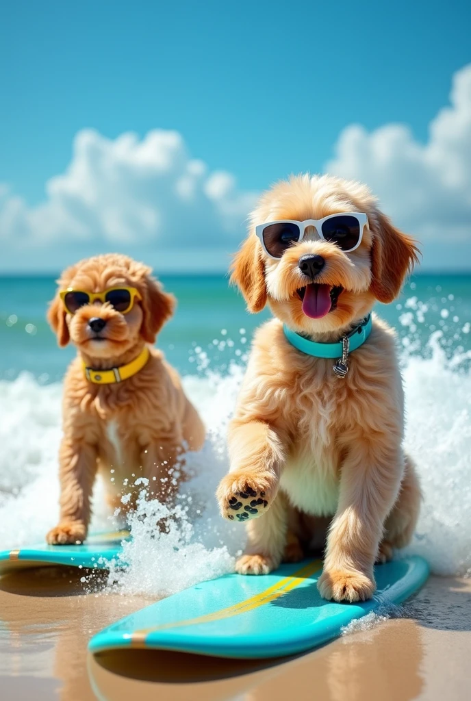 best quality, photo accuracy, two labradoodles, one with light golden fur and turquoise blue collar, the second with apricot fur and yellow collar, both surfing with sunglasses.