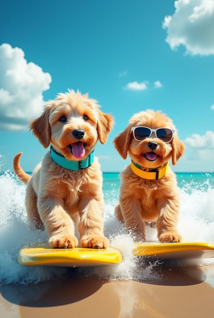 best quality, photo accuracy, two labradoodles, one with light golden fur and turquoise blue collar, the second with apricot fur and yellow collar, both surfing with sunglasses.