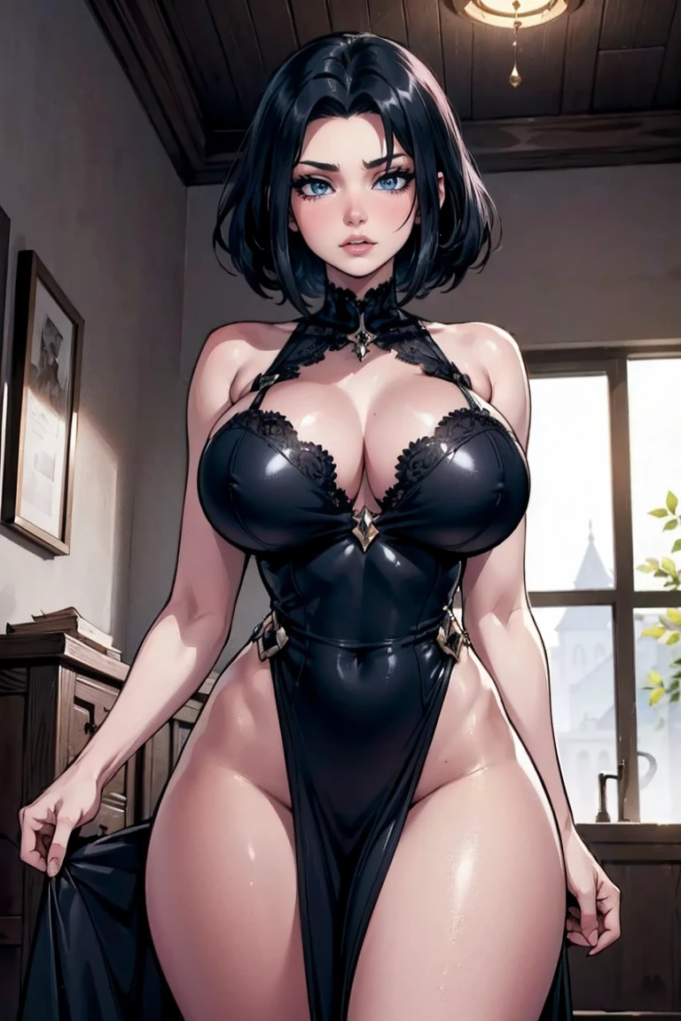 (masterpiece, best quality, perfect face, (beautiful and aesthetic:1.2), extremely detailed, highest detailed face), (beautiful girl, (short black hair:1.2), (vivid blue eyes:1.2), (pale skin:1.3), fake breasts, (narrow waist), (thick thighs:1.3), (narrow hips)), long legs, (slender body:1.2), (black deep cut dress), ((dark fantasy theme, interior deserted castle), night, dimly lit), sexy pin-up pose, looking at viewer, full shot, solo, (elegant, intricate, detailed digital anime art, high quality, 4k, extremely detailed, sharp, CG, 2D, dramatic light, HDR),