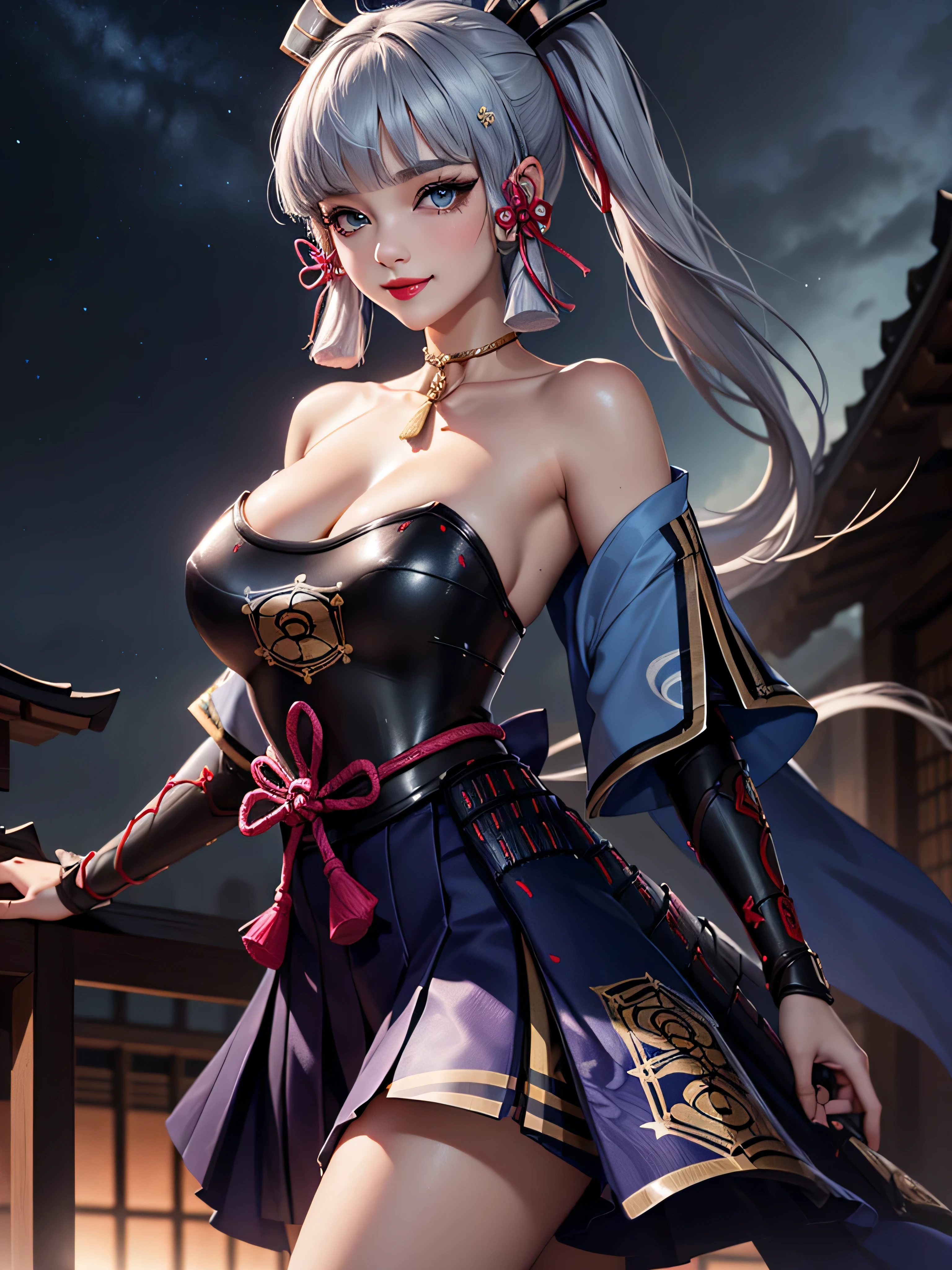 ((masterpiece)),(bestquality),((ultra-detailed)), ((beautiful detailed sky)), ((cinematic lighting)), depth of field, (dynamic angle),detailed lighting,((beautiful detailed eyes)), (night sky view), red lip, smile,eyeshadow,large breast, cleavage, ((bare arm, short skirt , off shoulders, sexy)), ((kamisatoayakadef))