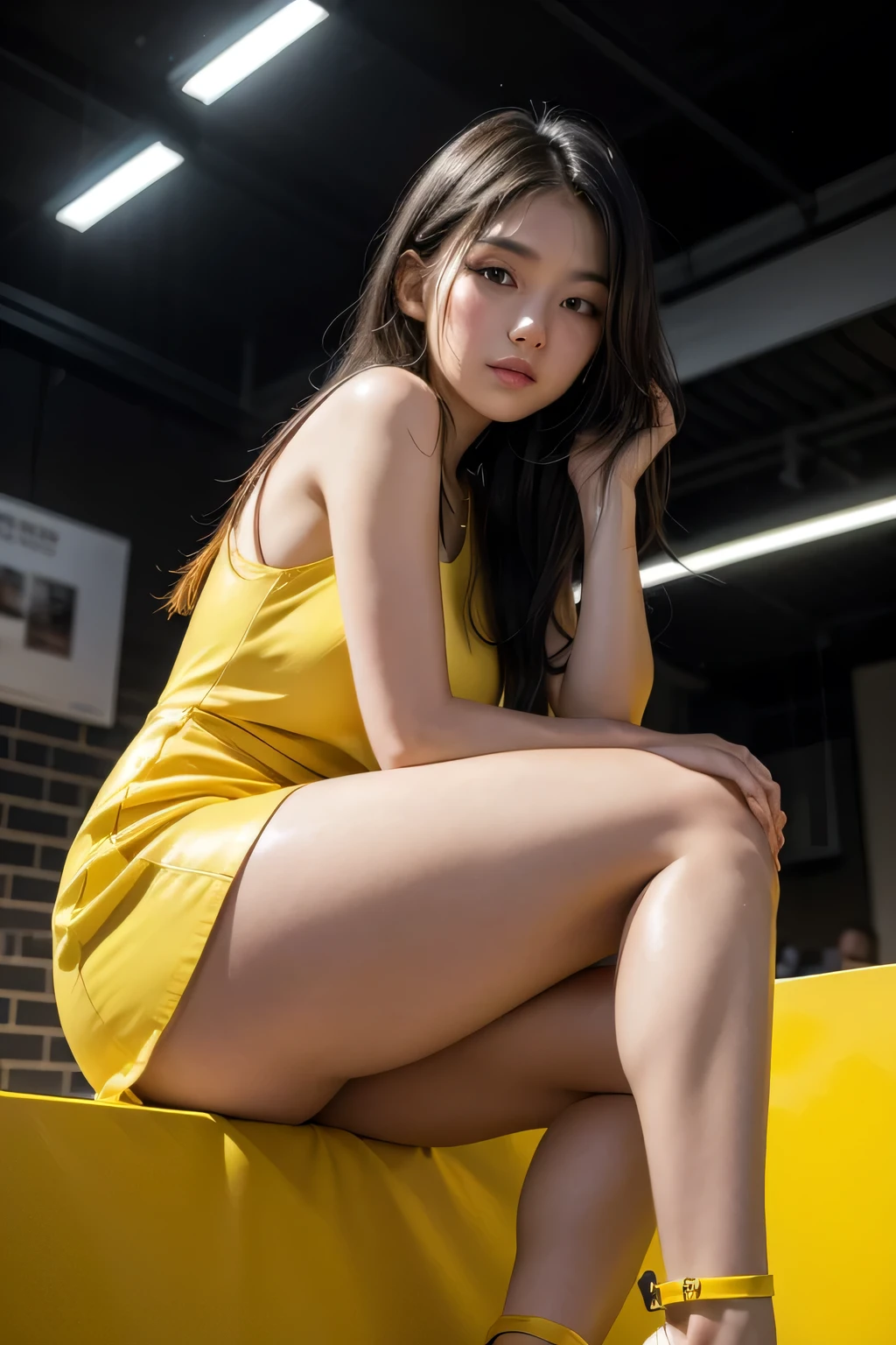 Woman, skin black,hair blonde, in a short yellow dress, Above the Knee,  