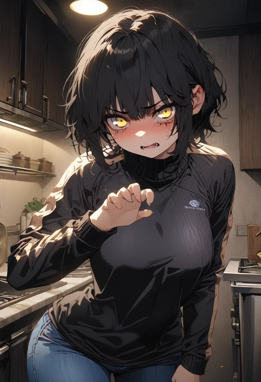 highest quality, ultra details, Anime Style, Masterpiece, solo, Adult woman, a afraid woman with knife his hand, traumatized, scared face, serious face, yellow eyes, beautiful, beautiful body, short black hair, korean pixie cut, looking at viewer, standing pose, she holding a kitchen knife, threatening pose, (medium boobs:1.2), (black sweater, long sleeve, Recycled Wool Jersey, blue jeans:1.5), hotel kitchen room, dark, dark background, portrait, night days, environment is dark and horror, ominous atmosphere,