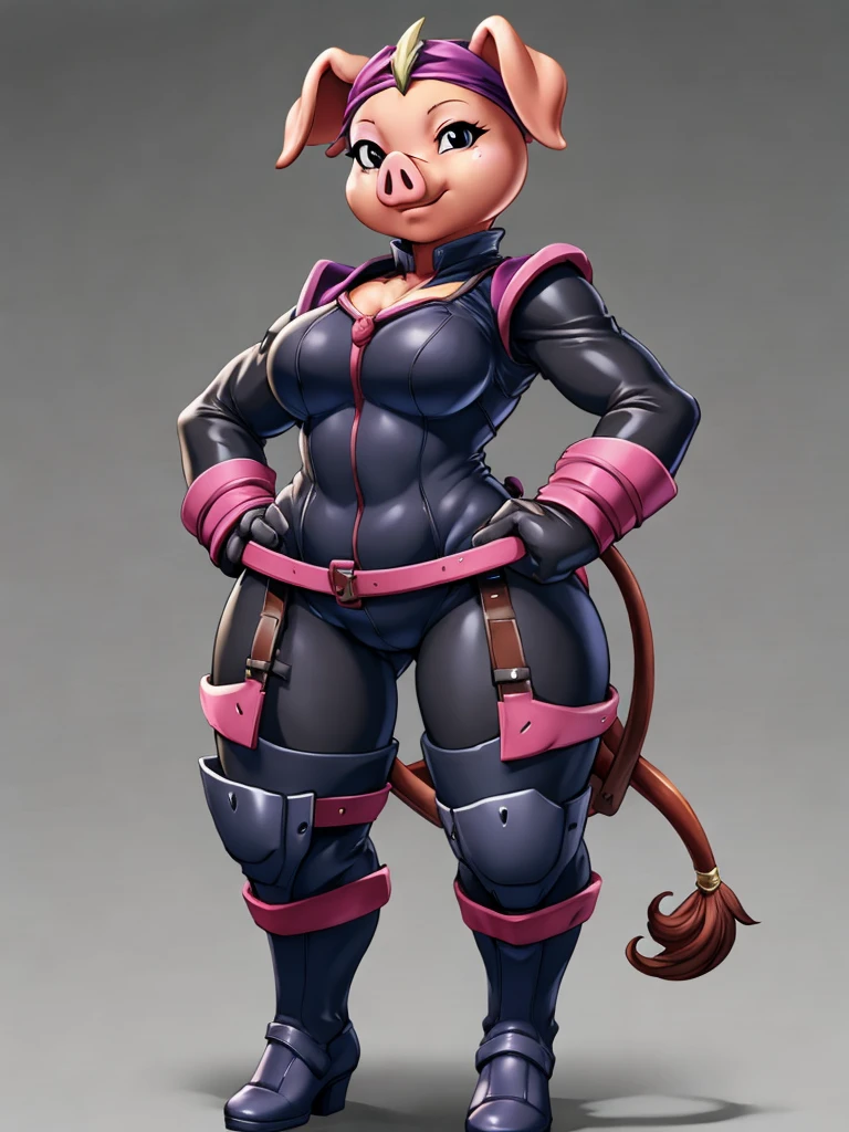 ((pig)), furry female anthro,pig girl,HD,sharp,beautiful and detailed,woman ((anthro)),1girl,Milf, mature woman,pink skin,(look at viewer) ,by dr comet,by pochincoff, by jlullaby,by kingbang,by obui,by ZeroQrisu,by sparrow,by gmeen,thief, thief outfit,((black outfit)),standing,((simple background)),(gray background,)