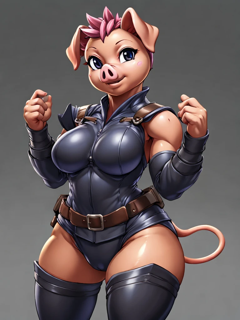 ((pig)), furry female anthro,pig girl,HD,sharp,beautiful and detailed,woman ((anthro)),1girl,, matuan,pink skin,(look at viewer) ,by dr comet,by pochincoff, by jlullaby,by kingbang,by obui,by ZeroQrisu,by sparrow,by gmeen,thief, thief outfit,((black outfit)),standing,((simple background)),(gray background,)
