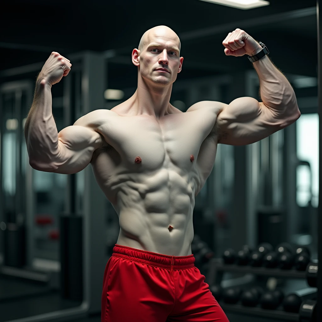 masterpiece, 8k, ultra-high definition, extremely high resolution, ultra realistic, photorealistic, High Detail RAW Color Photo, Professional Photo, perfect lighting, perfect composition, perfect size of all image elements, ultra sharp focus, cinematic lighting, highly detailed textures, A tall, extremely muscular bodybuilder with pale white skin, a bald head, and no shirt stands alone in a modern, high-end gym. He is flexing his right bicep, mirroring the pose seen in the reference image. He wears red athletic shorts, which accentuate his powerful physique. The gym is filled with top-of-the-line equipment, mirrors reflecting his defined muscles, and weights neatly organized in the background. The lighting is dramatic, highlighting every contour of his body, creating a striking, powerful image of strength and focus.
