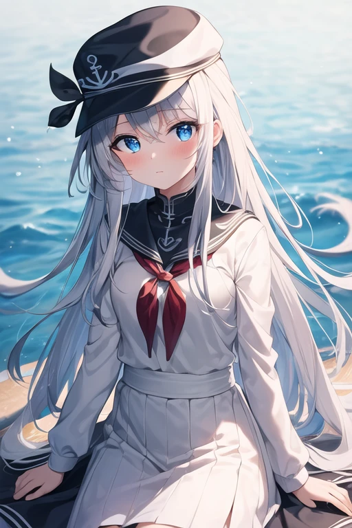 (masterpiece), highly detailed, best quality, (high resolution), 8k, 1girl, solo, long_hair, blue_eyes, blush, hair_between_eyes, serafuku, grey_hair, hat, white_hair, anchor_symbol,