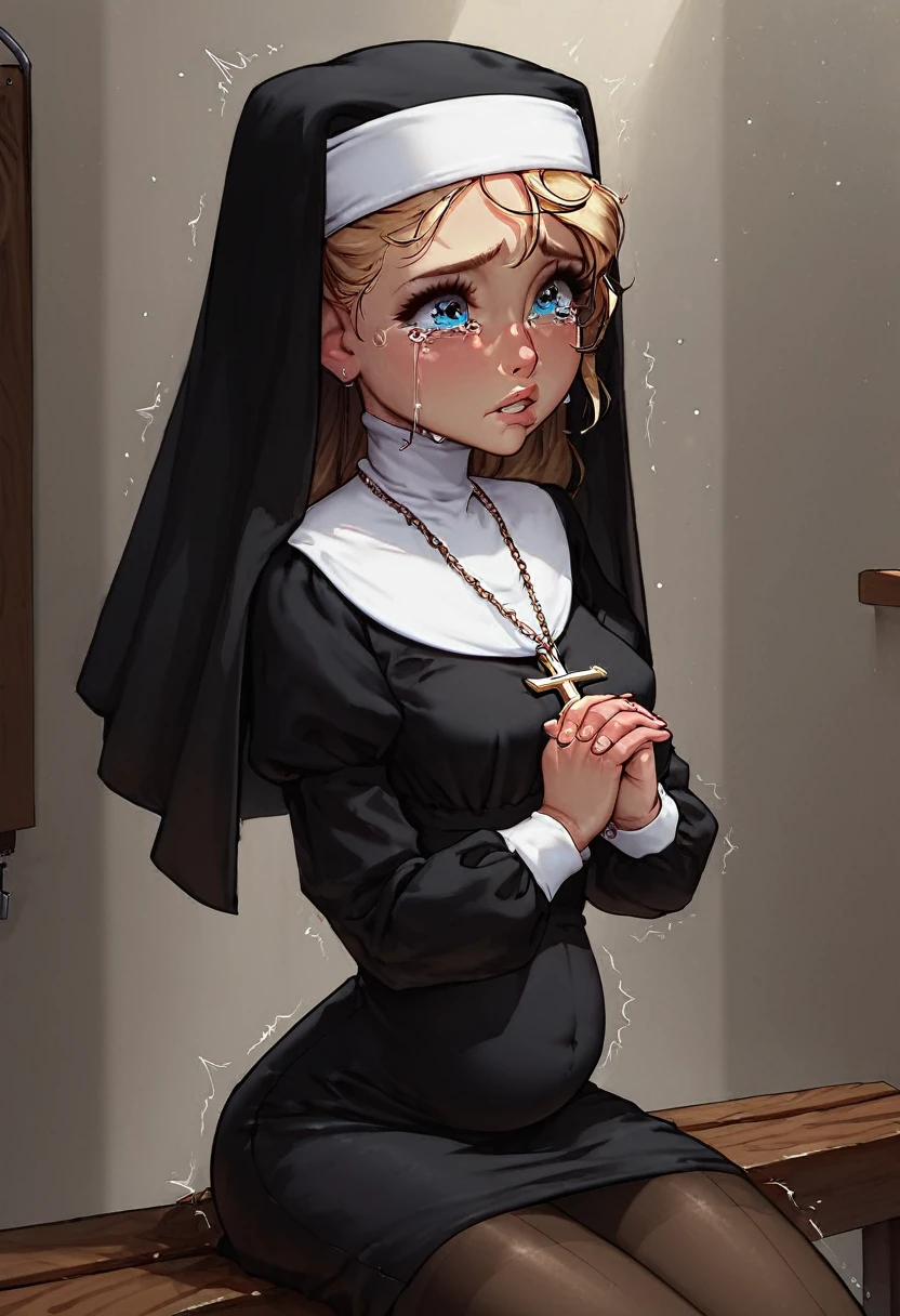 rating_safe, score_8_up, score_7_up, 1girl, solo, shiny skin, pale skin, small breasts, cute perfect face, kid-like proportions, big head and big eyes, tiny limbs, thin body, (nun habit, beautiful smooth blonde hair), ((pregnancy bump)), (tiny innocent prepubescent pregnant young  nun-girl sitting on wooden bench in confession booth), praying, (raised hands folded together), tiny prepubescent child, view, (tight nun outfit), blue scared eyes, tears, crying, (sad expression), sad trembling lip, cross-necklace, brown nylon pantyhose,  inside detailed confession booth background, inside closet, low light, close up, swollen belly