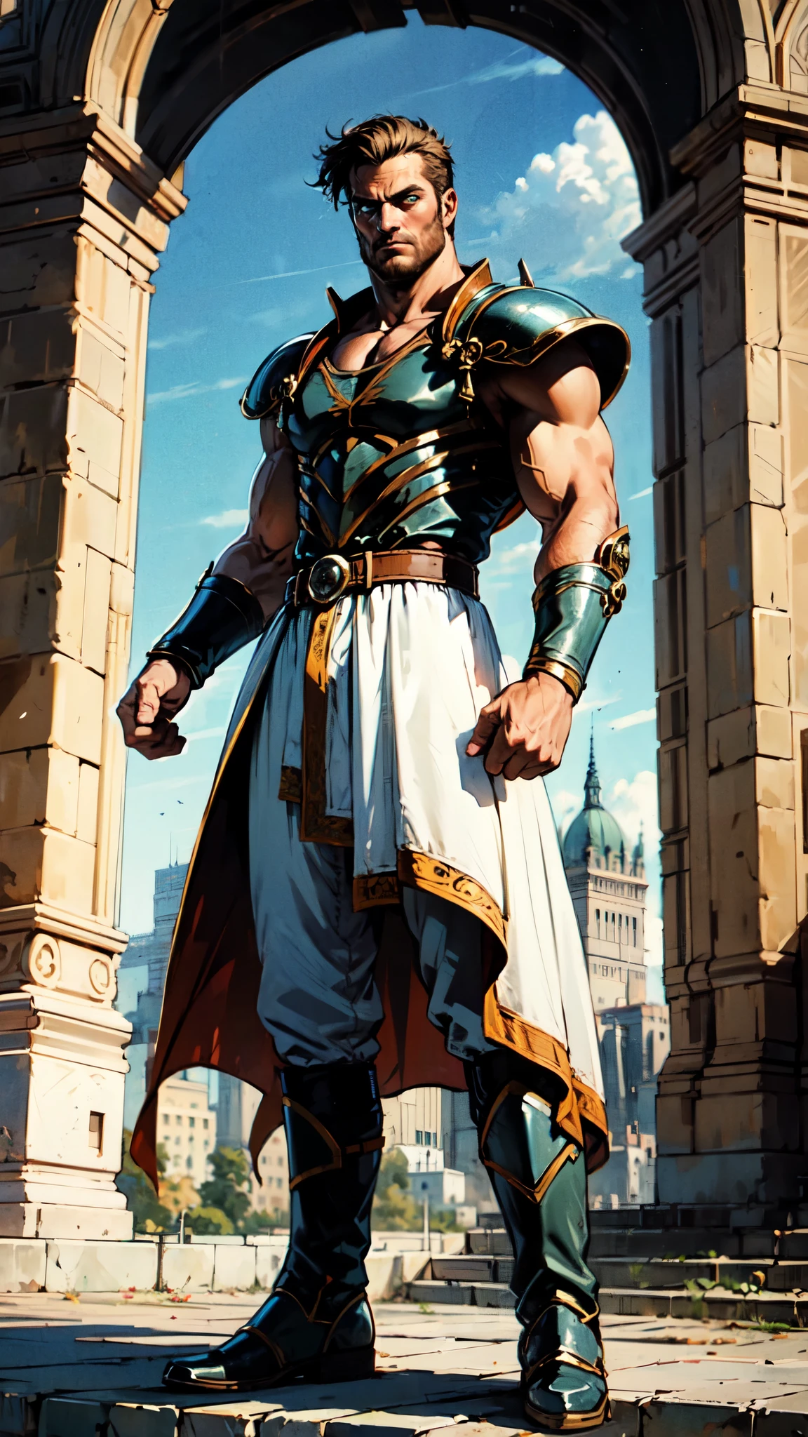 (masterpiece:1.2, best quality:1.2, extremely delicate:1.2), ((male:1.5)), a middle-aged man with short dark blue hair, a green headband tied around his forehead, sharp eyes, a heroic face, long sideburns, a long beard on his chin, a confident expression, a tall and muscular build, a fantasy-realist style short-sleeved coat, with a white and green form-fitting chest armor underneath, a flowing cape hangs from his right shoulder, heavy iron wrist guards, his belt is connected to small skirt armor plates, coarse cloth trousers, long boots that include shin guards, stands like a guardian in front of a city gate, this character embodies a finely crafted fantasy-realist style warrior in anime style, exquisite and mature manga art style, dramatic, high definition, highres, ultra-detailed, ultra-fine painting, professional, perfect body proportions, golden ratio, anatomically correct, symmetrical face, extremely detailed eyes and face, high quality eyes, creativity, RAW photo, UHD, 32k, Natural light, cinematic lighting, (masterpiece-anatomy-perfect:1.2)