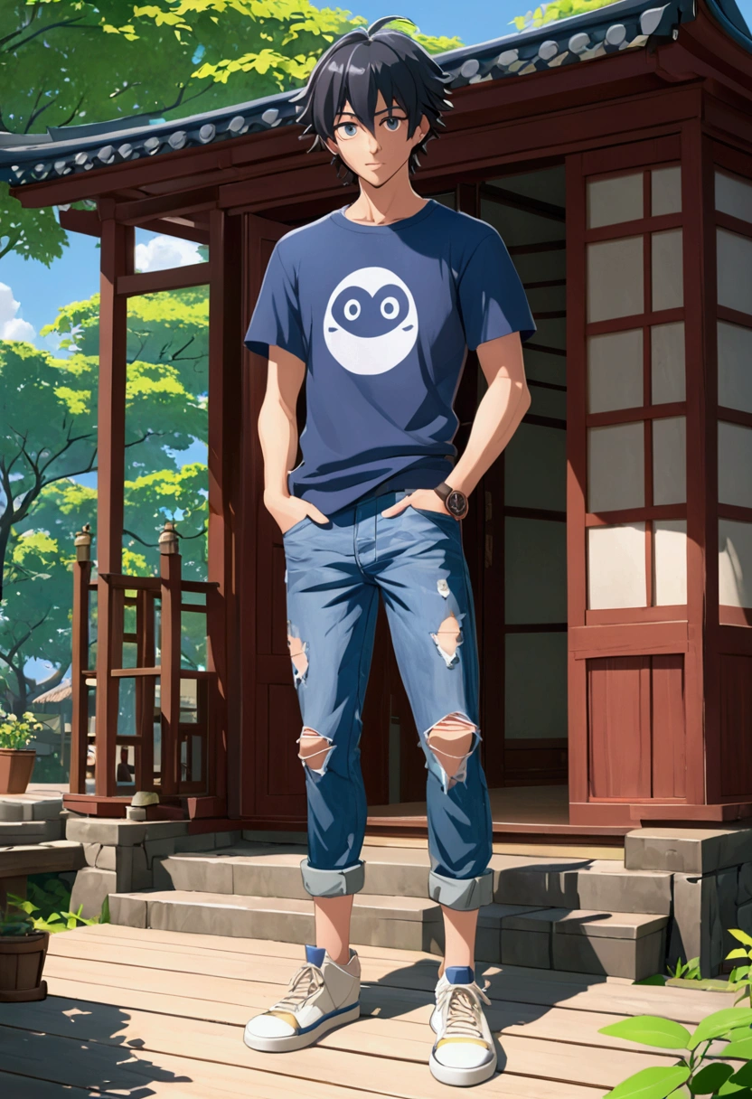 a lanky young man with wild, straight, short dark hair and piercing, narrowed blue-grey eyes, raised eyebrows, and a knowing smirk, wearing a faded, ironic anime-themed t-shirt, ripped jeans, and scuffed sneakers, exuding a tired, intelligent air, in the style of Makoto Shinkai's nuanced character design, with the vibrant colors and dynamic shading of a Studio 4°C anime, and the witty, expressive facial expressions reminiscent of Yoshitoshi ABe's work. By artist "anime", 3d anime art, inspired by WLOP, Artstation, #genshinimpact pixiv, extremely detailed, aesthetic, concept art, ultrafine detail, breathtaking, 8k resolution, vray tracing