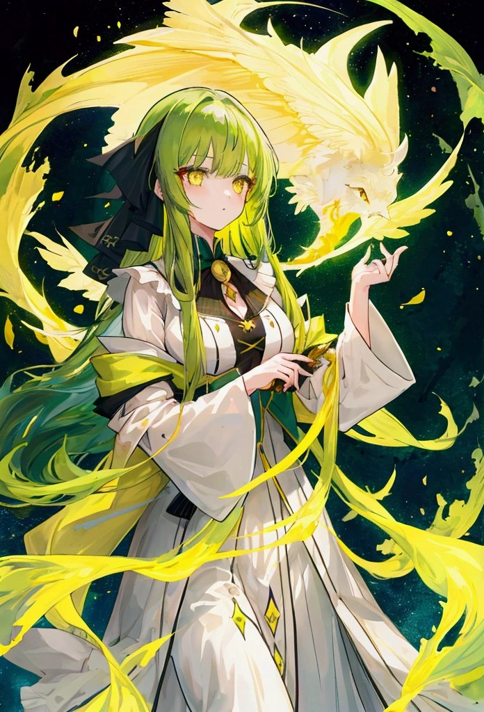 a girl with long dark green hair, yellow eyes,Witch，Bangs，
