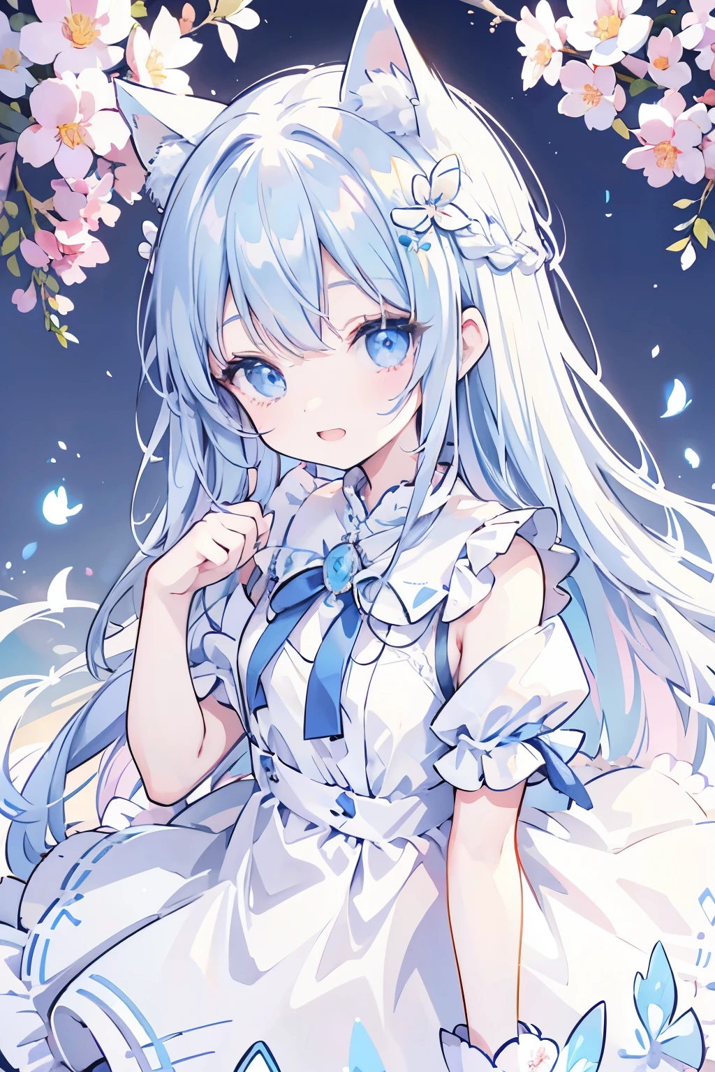 anime、pastel、Very young、child、Open your mouth、smile、teeth、八重teeth、Very short、pastelホワイトの髪、Braided Short、Flower Hair Ornaments、fluffy ears、Dropped ears、Fluffy tail、azure blue eyes、Odd Eye、Glowing eyes、Wide open eyes、Cheeky cheeks、Slender body、Wearing a white dress、Outdoor、Cute Girlfriend、happy、Frolic innocently、Flower Field