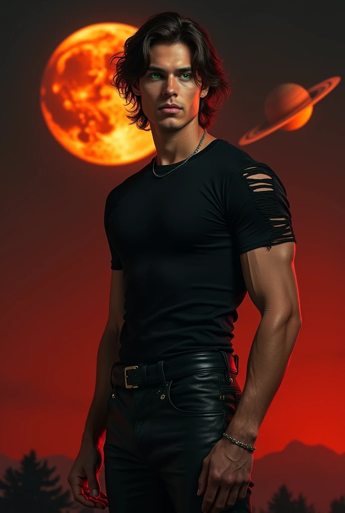 masterpiece, super detail, ultra realism, 8k, sharp textures, precise anatomy, young guy, brunette with wavy hair, green eyeliner, in black leather pants, ripped black t-shirt, against a backdrop of a dark red sky with a detailed orange moon on the left of the image and the planet Saturn on the right.