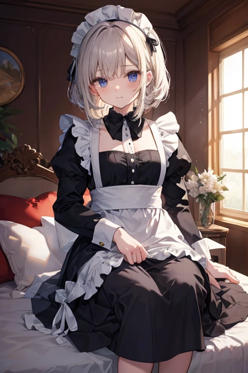 masterpiece, best quality, highres, lancerAlter, yellow eyes, dress, puffy sleeves, maid apron, maid headdress, cowboy shot, blushing, avoiding eye contact, bedroom, <lora:lanceralter-nvwls-v1:0.9>