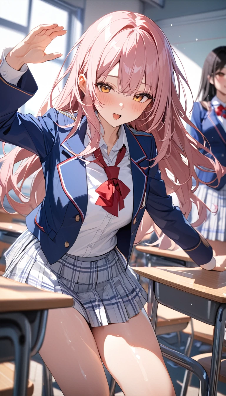 masterpiece,Highest quality,8k,uniform,classroom,high school student,Bold Pose,Big behavior,Shiny hair,Glossy skin,Japanese idol model,