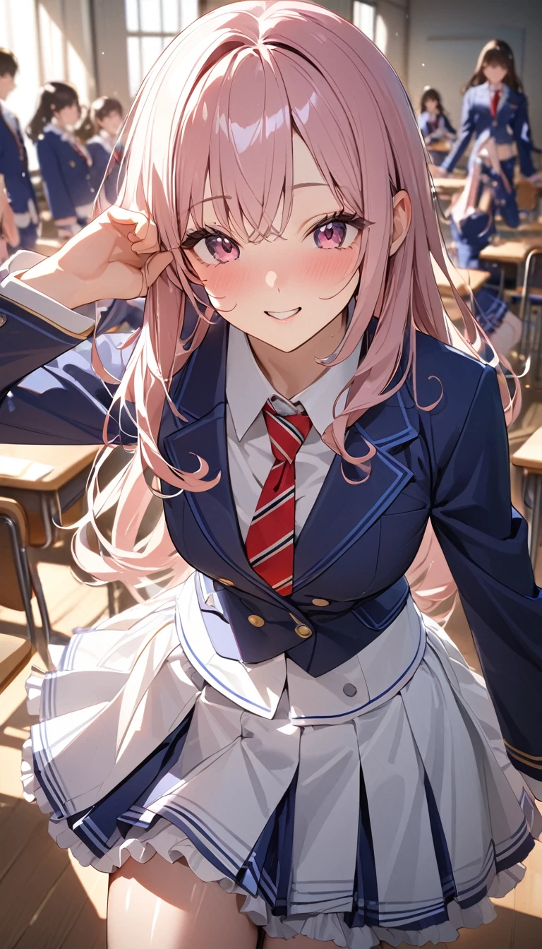 masterpiece,Highest quality,8k,uniform,classroom,high school student,Bold Pose,Big behavior,Shiny hair,Glossy skin,Japanese idol model,