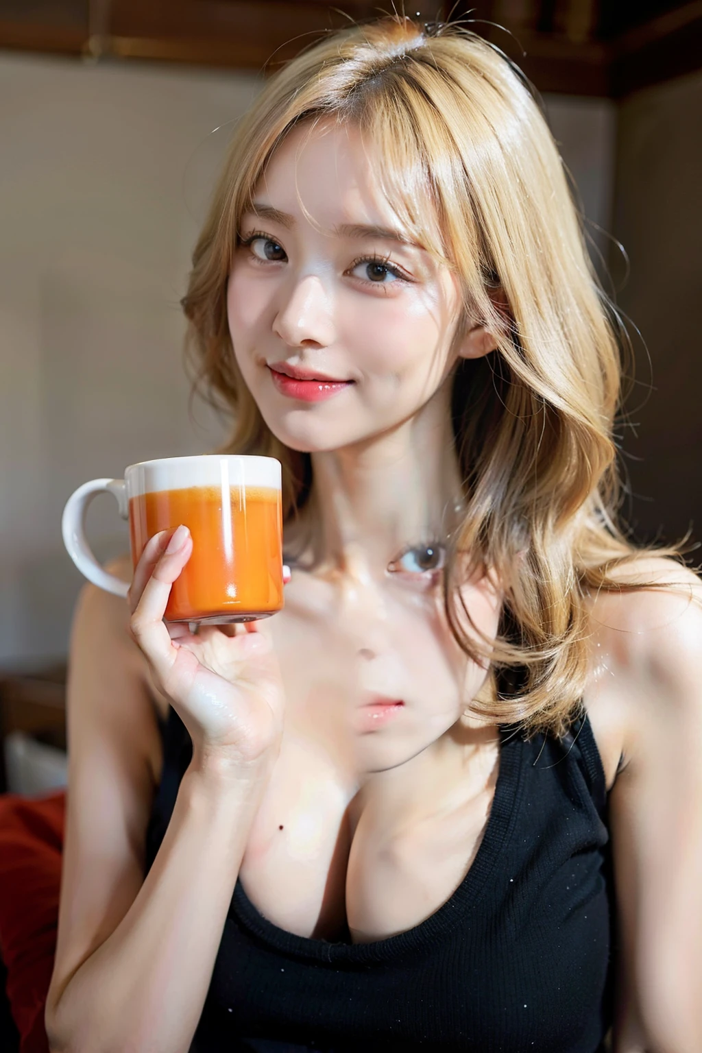 a full portrait of a beautiful bionde幾乎半裸 in black tank top,, In the profile, Smile, on she's bedroom,holding a colorful mug. Her hair is brown and curly., Pale green eyes, She has some wrinkles on her face, Large bust, plump, Large Breasts, bionde, Beautiful Body, with a Large Breasts, 一位美丽的bionde, SFW Big , bionde-haired British female breasts, bionde goddess, Full breasts, , Her breasts, 40-year-old female, bionde, cleveage, Big breasts, Large Breasts!, straight blonde hair, About 3 to ,, Lightly sprinkled on her cheeks and nose bridge, Adding a cute and unique charm to her face. soft, Elegant wrinkles surround her eyes and mouth, Gentle lines tell stories of a life full of laughter, wisdom, And experienced. These subtle signs of aging enhance her beauty, With her radiant glow、Eternal charm blends perfectly, Makes her face both charming and expressive, Reality, detailed, high resolution, Huge breasts, Thick chest, Her shirt is about to burst