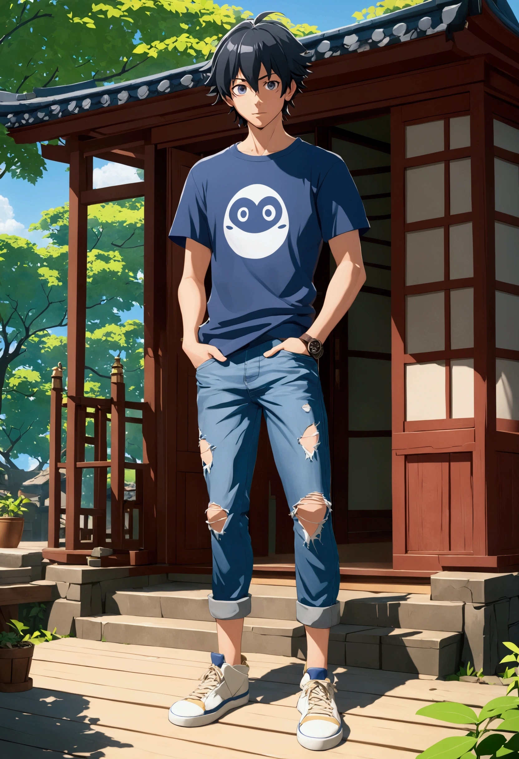 a lanky young man with wild, straight, short dark hair and piercing, narrowed blue-grey eyes, raised eyebrows, and a knowing smirk, wearing a faded, ironic anime-themed t-shirt, ripped jeans, and scuffed sneakers, exuding a tired, intelligent air, in the style of Makoto Shinkai's nuanced character design, with the vibrant colors and dynamic shading of a Studio 4°C anime, and the witty, expressive facial expressions reminiscent of Yoshitoshi ABe's work. By artist "anime", 3d anime art, inspired by WLOP, Artstation, #genshinimpact pixiv, extremely detailed, aesthetic, concept art, ultrafine detail, breathtaking, 8k resolution, vray tracing