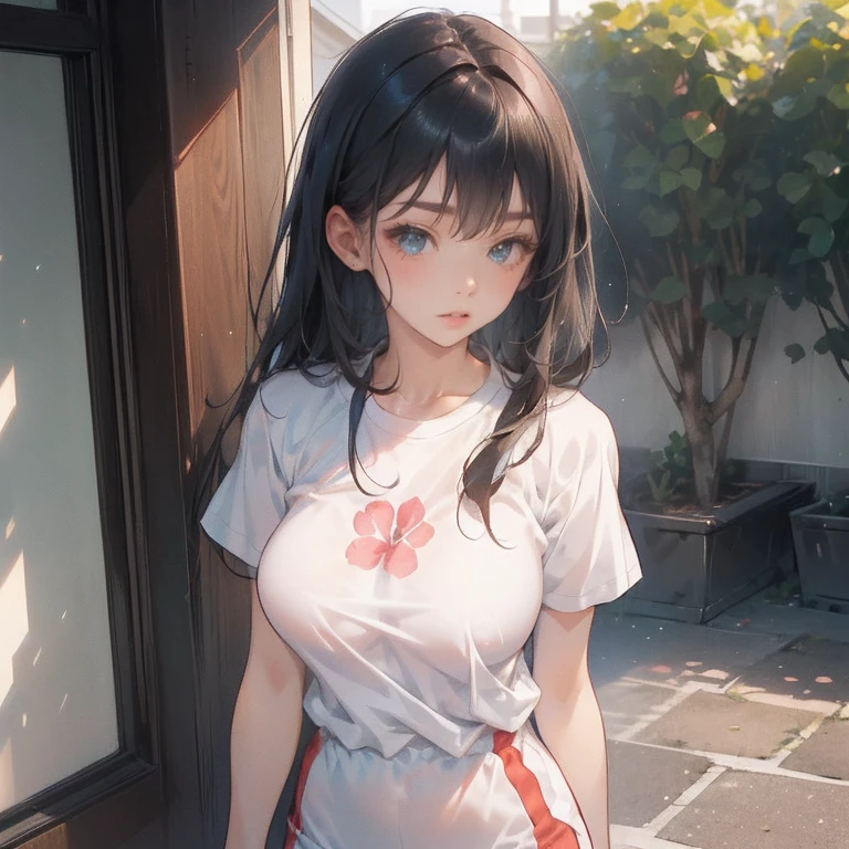 Anime Kawaii sexy Perfect Slim sensual body large breast and huge thighs, An intricate and highly detailed illustration of anime (Young girl). standing alone、high school girl、Caucasian skin、Make-up natural、Bblack hair、bangss、long straight hair、(((White short sleeve upper body t-shirt)))、(((Long, white workout clothes)))、(((Very tight bloomers)))、(((Marine Blooms)))、(((Tuck the bottom of your gym clothes into your shorts)))、breasts big、((big-ass))、(((School&#39;s yard)))、(((realistic fingers)))、(((realistic styling)))、((perfect figure))、(((vertical)))、(((rear view)))、(((Future Perspective)))