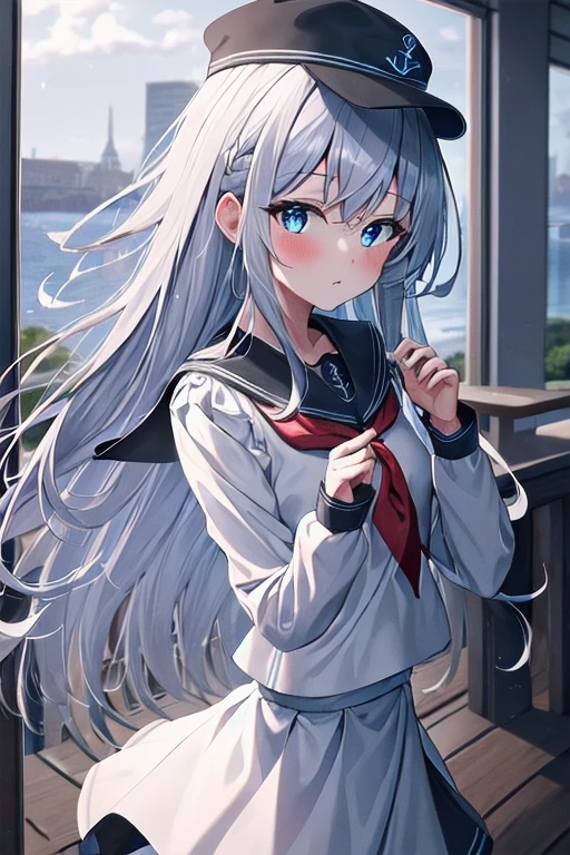 (masterpiece), highly detailed, best quality, (high resolution), 8k, 1girl, solo, long_hair, blue_eyes, blush, hair_between_eyes, serafuku, grey_hair, hat, white_hair, anchor_symbol,