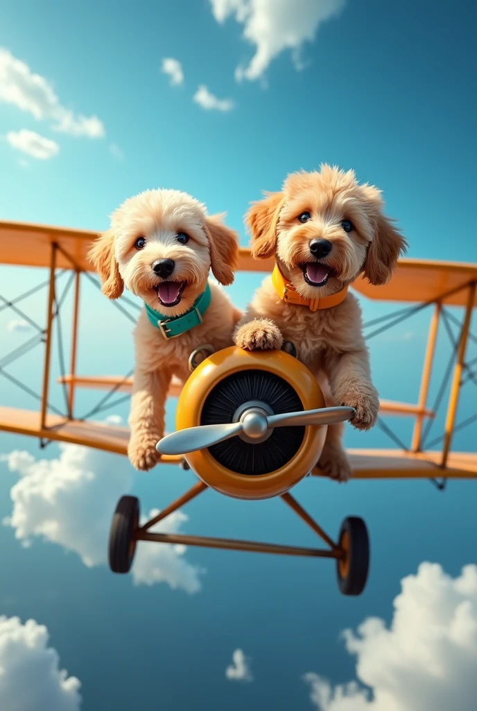 Highest quality, Photo accuracy, Two Labradoodles, The first one has light golden fur with a turquoise blue collar, The second one has apricot colored fur with a yellow collar, Two heads fly through the sky, piloting a Fokker D7..