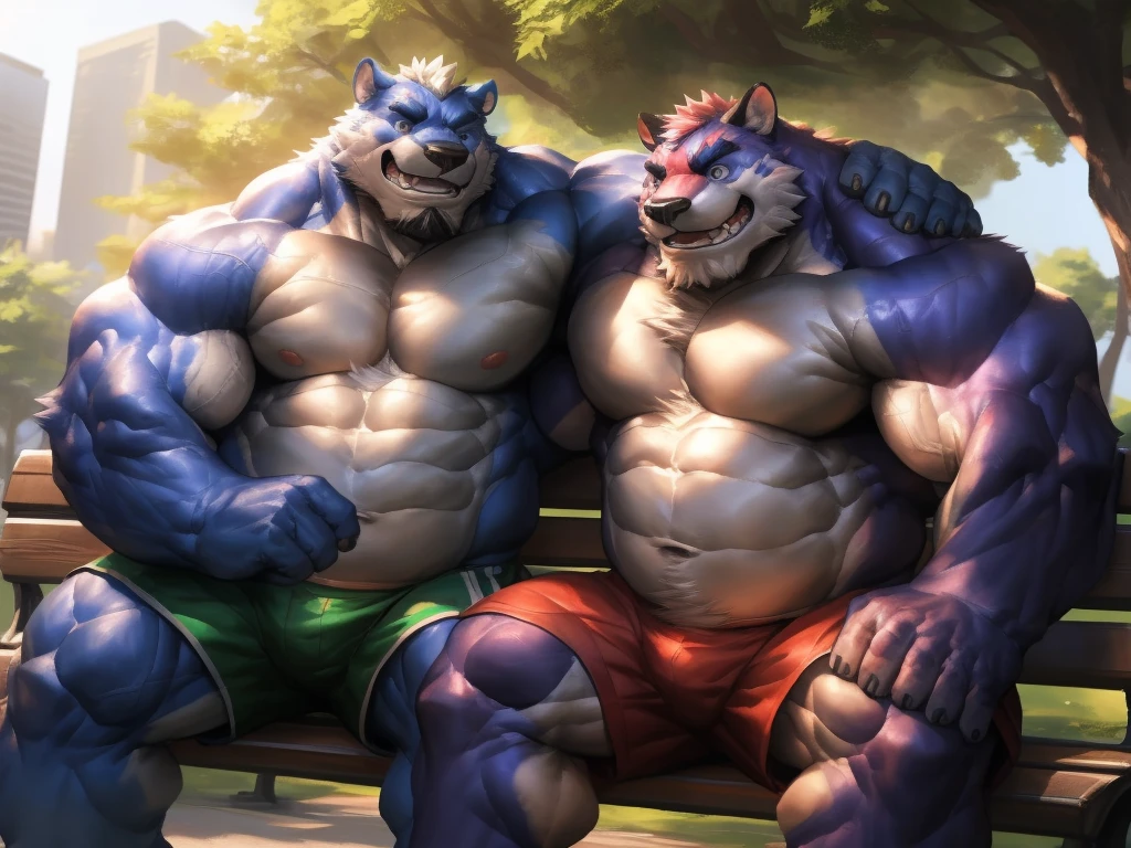 2man, 2boys, duo, two huge muscular furry sitting together, sitting in bench, size different, smile, park, male focus, muscular, shorts, shirtless, (4k,high quality,high resolution,masterpiece),cartoon,by lindong,(extremely detailed face and body,hyperrealistic rendering,dynamic poses,cinematic lighting,vibrant colors)