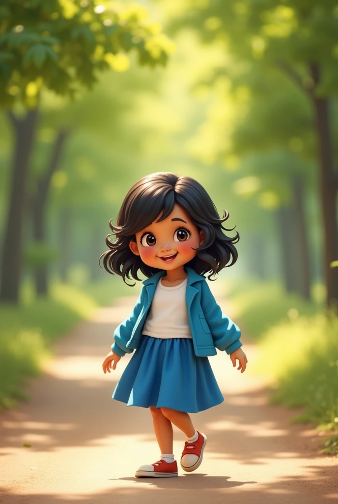 Create an image of a  with brown skin, medium-length black hair, and chubby cheeks wearing a uniform with a blue skirt and white shirt and a blue sweater, walking down a dirt road with trees in the background.  