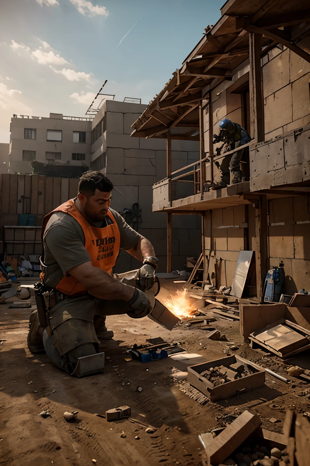 A highly realistic 3D scene in Pixar quality. The heroic construction worker and his robot assistant are seen in the middle of constructing a shelter. The worker is laying down bricks, while the robot uses advanced tools to lift heavy materials. The background shows the foundation of the shelter, with various construction materials scattered around. The lighting is dynamic, showcasing teamwork and the progress of the shelter in a post-apocalyptic environment.