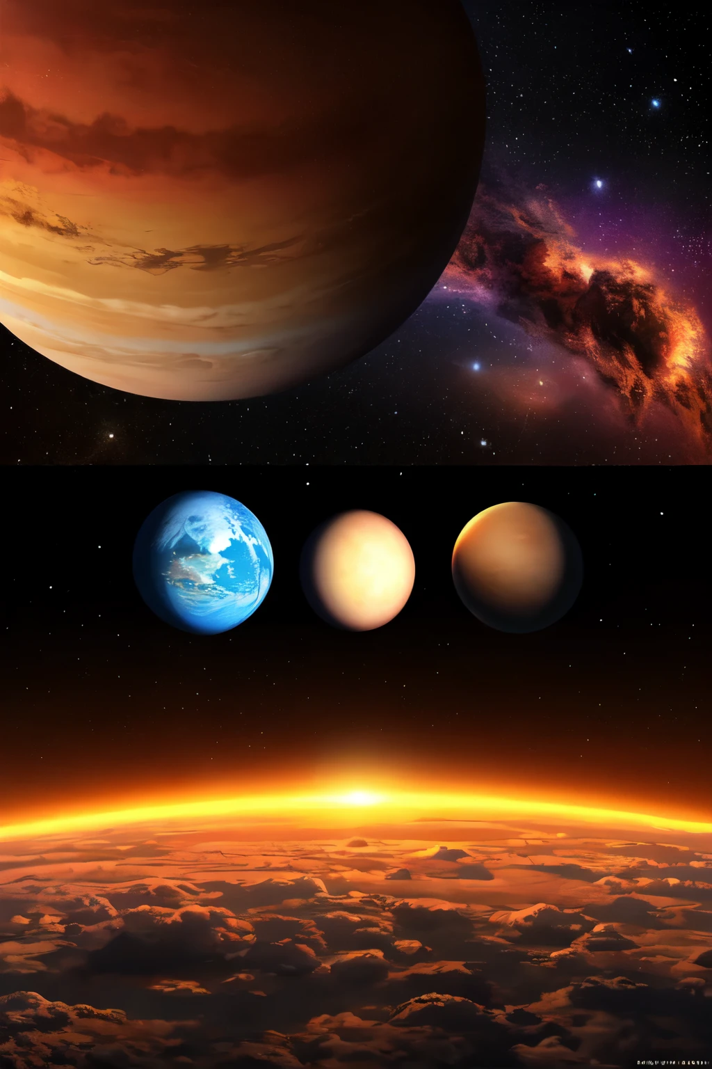 create hd proportions image of various planets, tiny and big in the same scene
