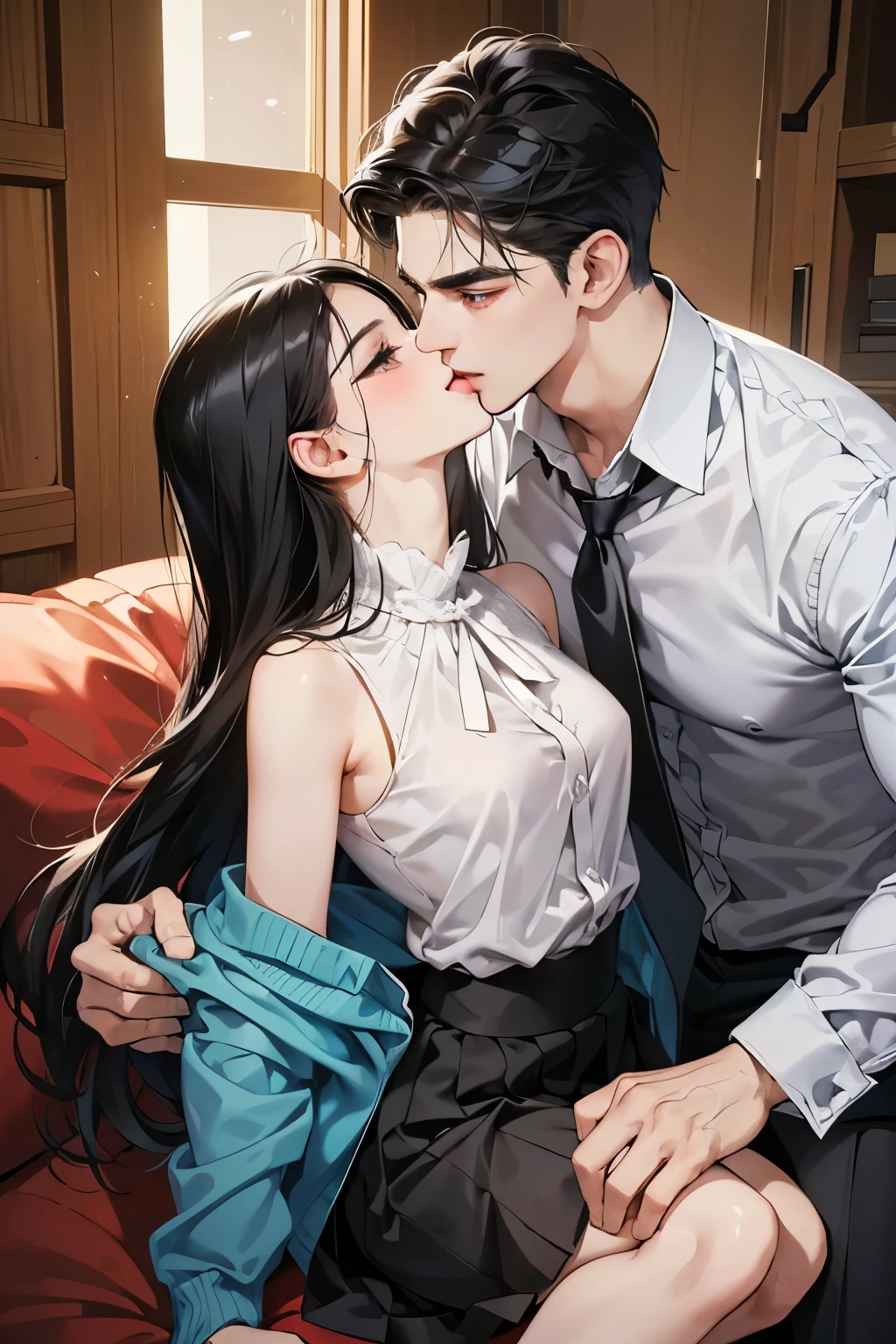 (masutepiece, Digital Art, Digital Illustration, 4K, 8K, Ultra-detailed, beautiful image, Sharp Image, Photorealistic, Raw photo, Perfect face, Perfect lines, Perfect eyes, Soft lighting) 1 woman, (Long Black Hair,straight haired,Bullish gaze,Beautie,Solid makeup,femele,small tits:1.3),Two handsome men in suits, (ember,Men in suits,well-muscled,Firm shoulder width,Adult male,Boyish hairstyle,English gentlemanly style,Man in his 30s with a cool expression,28-year-old man with bright smile:1.2)、a sailor suit、Knee-length pleated skirt、baggy cardigan、kiss、a couple、couple kissing、Romance、sex、have sex、sexy