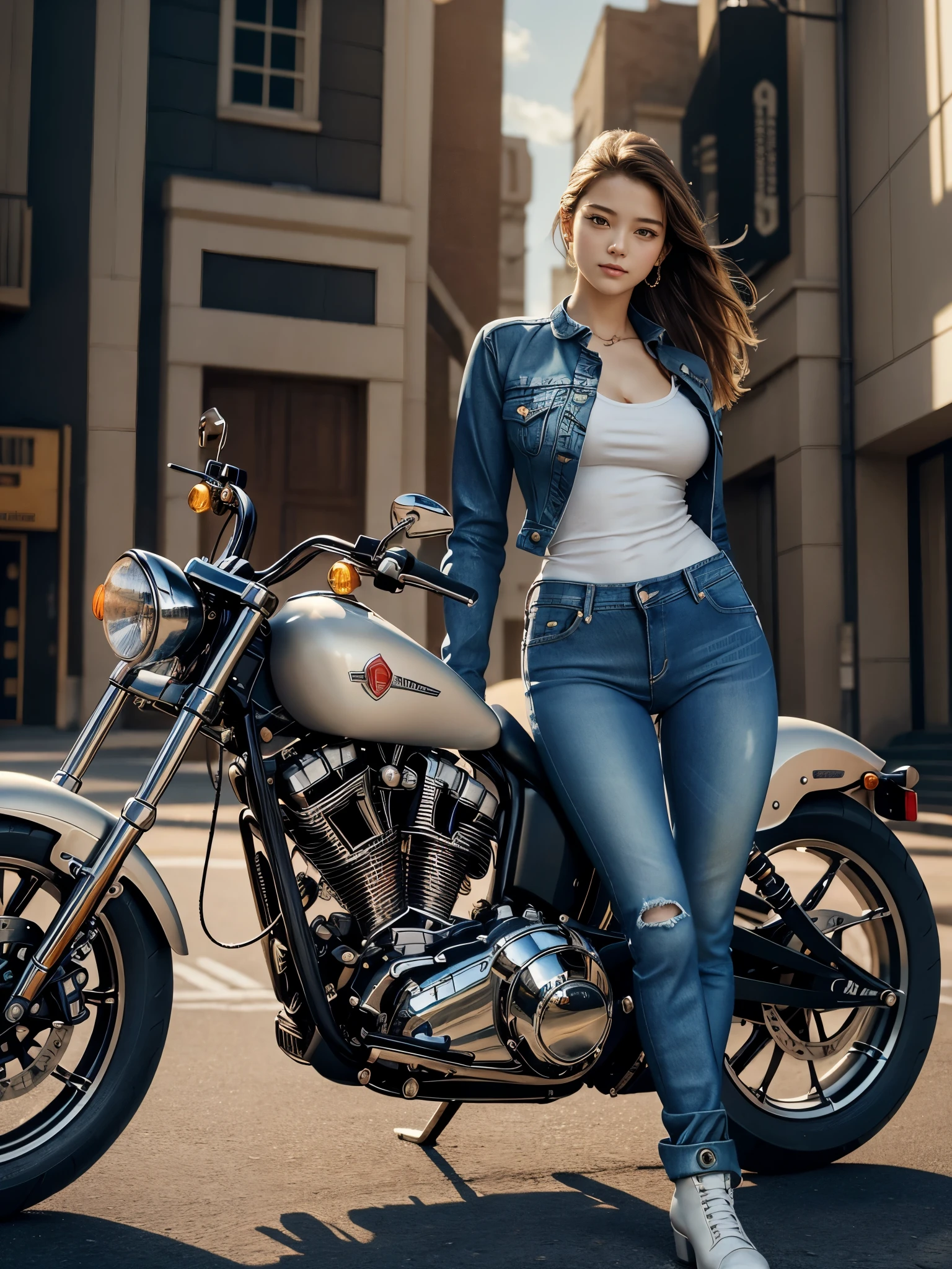 A beautiful girl on a motorcycle wearing denim pants